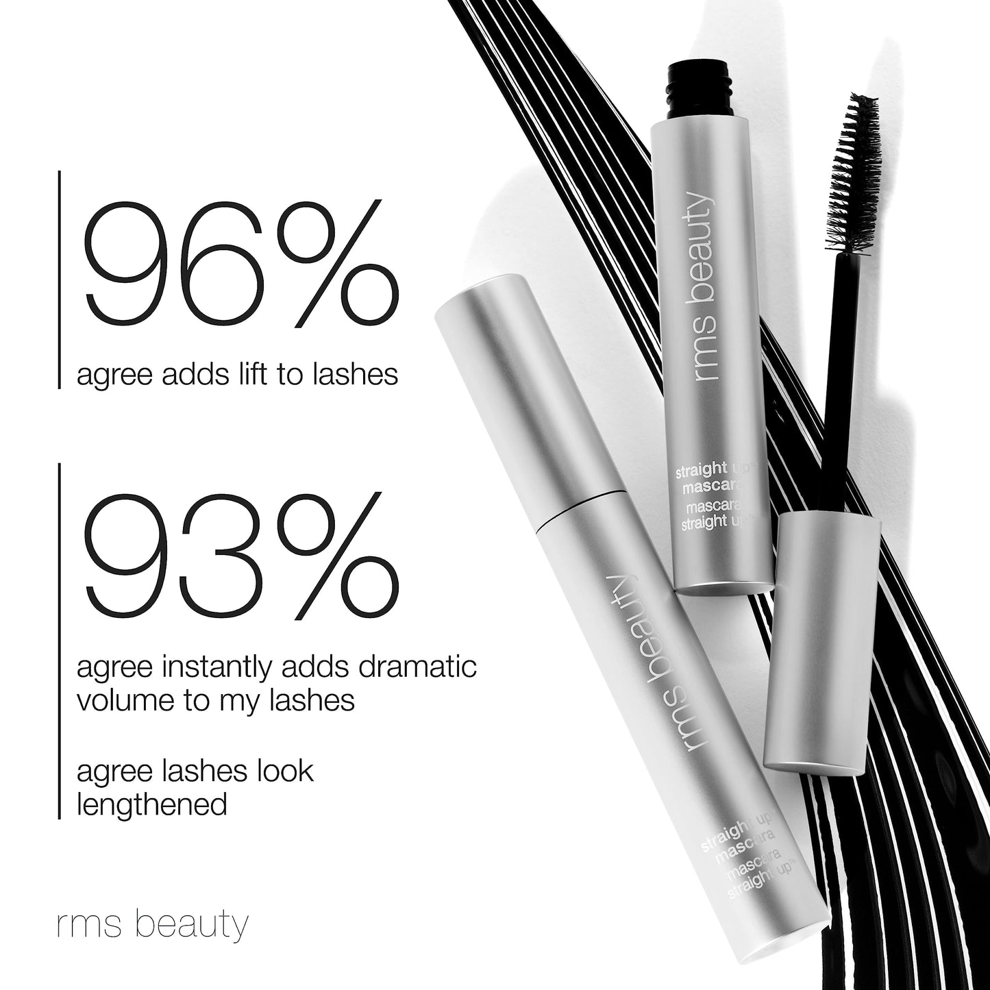 RMS Beauty Straight Up Volumizing Peptide Mascara - Black, Lash-Lengthening & Thickening Formula, Nourishing Peptides, Waterproof, Vegan