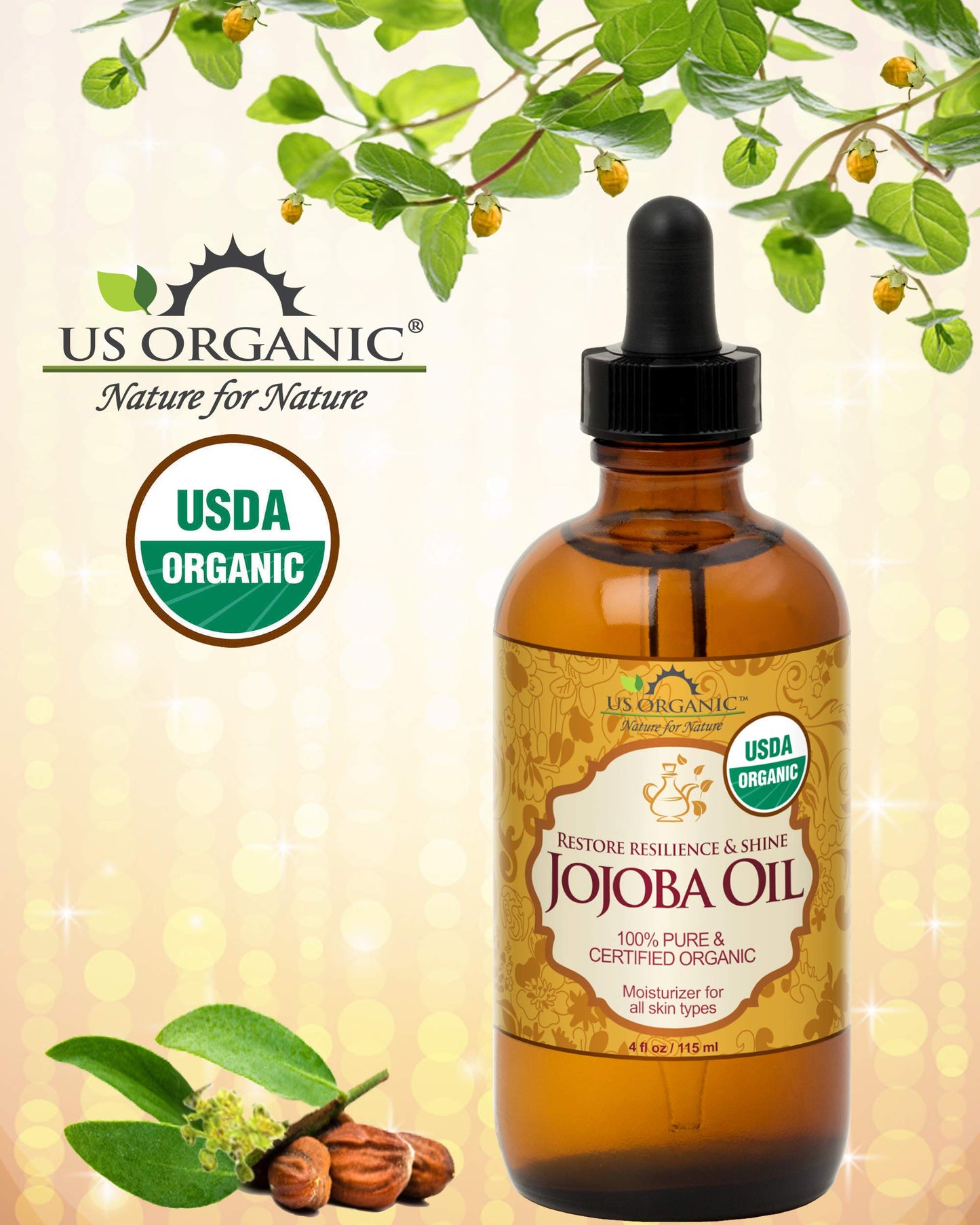 US Organic Jojoba Oil, USDA Certified Organic,100% Pure & Natural, Cold Pressed Virgin, Unrefined, Haxane Free, Sourced from Middle East Directly