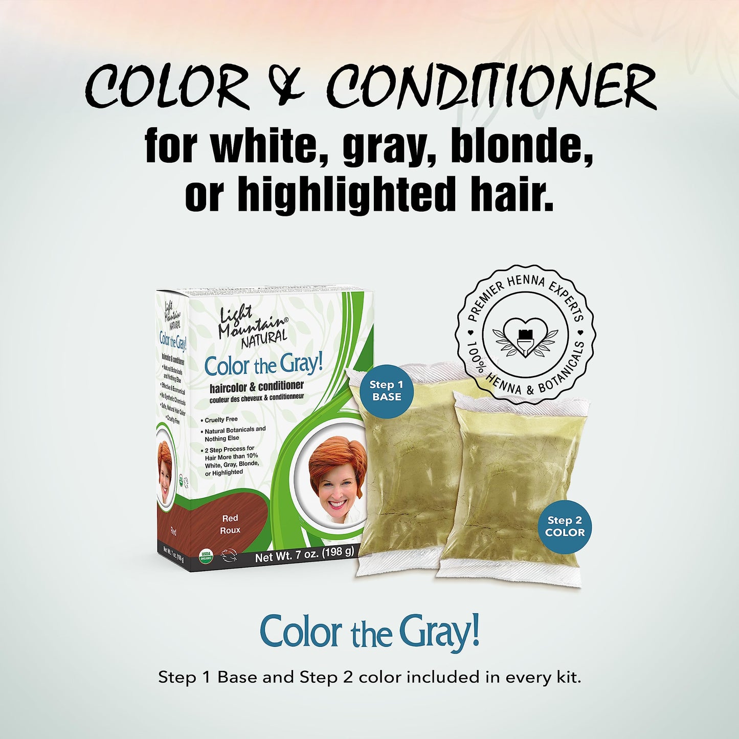 Light Mountain Henna Hair Color & Conditioner, Color the Gray - Red, 2-Step Chemical-Free, Semi-Permanent for White, Gray & Blonde Hair + 4 Clips