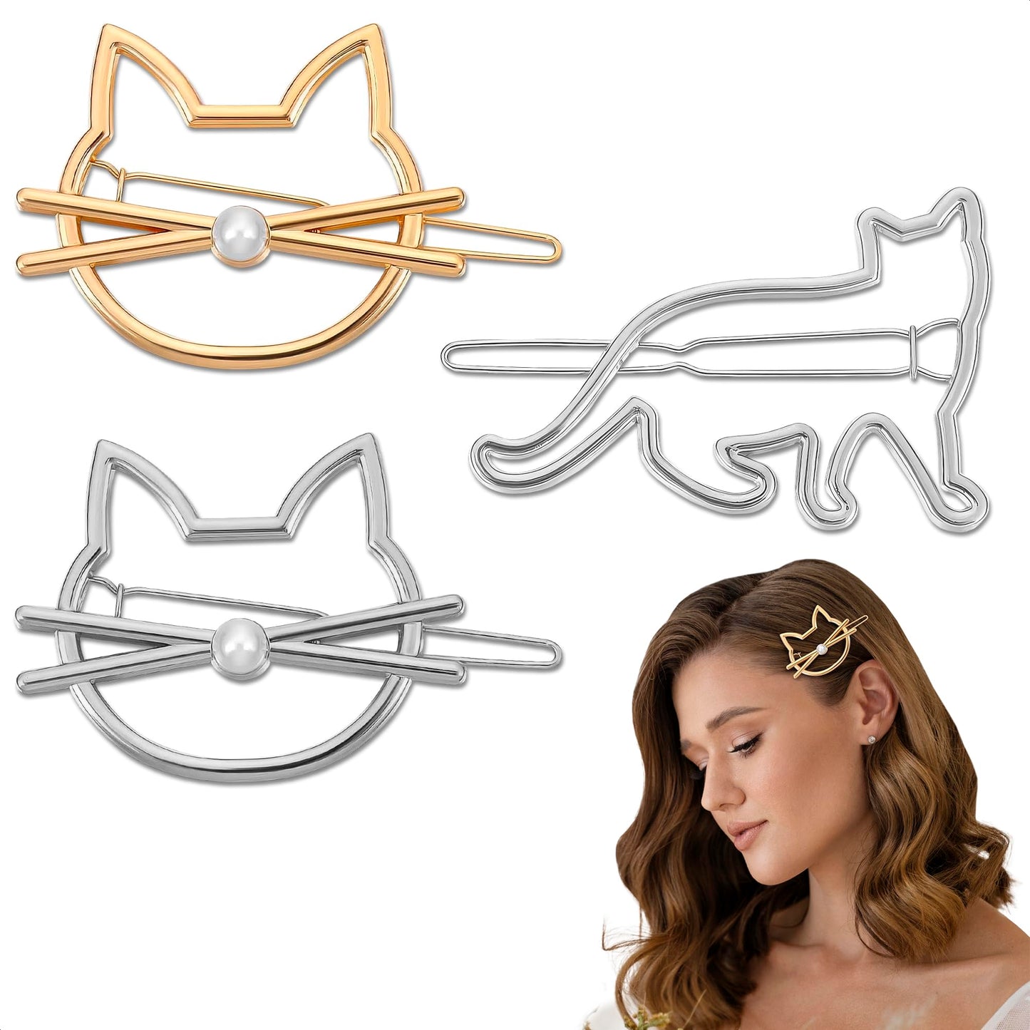 3Pcs Cat Hair Accessories for Women - Kitty Hair Clips for Girls, Small Barrettes for Thin and Thick Hair, Novelty Pins and Hair Jewelry