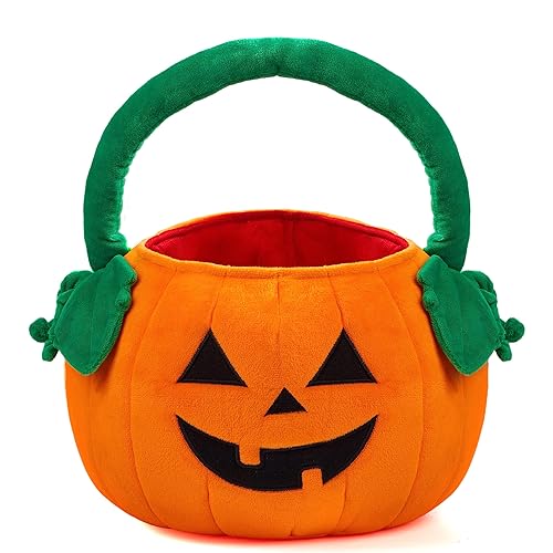 JOYIN Halloween Pumpkin Plush Tote Bucket, 11 X 13.4 inches Candy Trick or Treat Bag, Cute Halloween Basket with Handle for Kids Girl Boy Trick or…