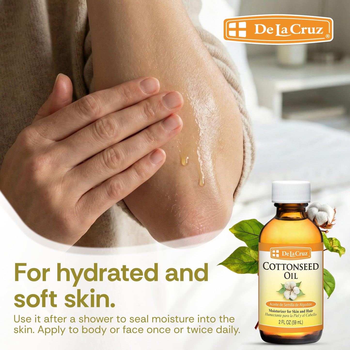 De La Cruz Cottonseed Oil - Moisturizer for Skin and Hair - Multipurpose Carrier Oil - 2 Fl OZ (1 Bottle)