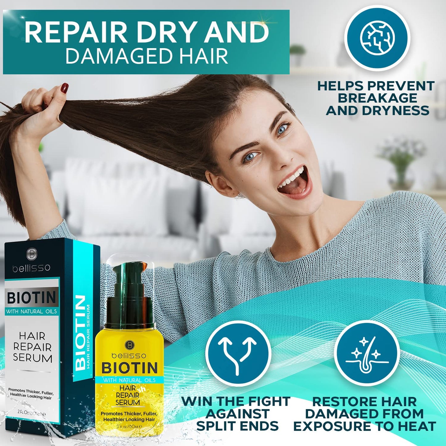 Biotin Hair Thickening Serum for Men and Women - Intense Strengthening Treatment Product with Natural Botanical Oil Blend to Help Boost Thin Hair Beauty and Personal Care BELLISSO