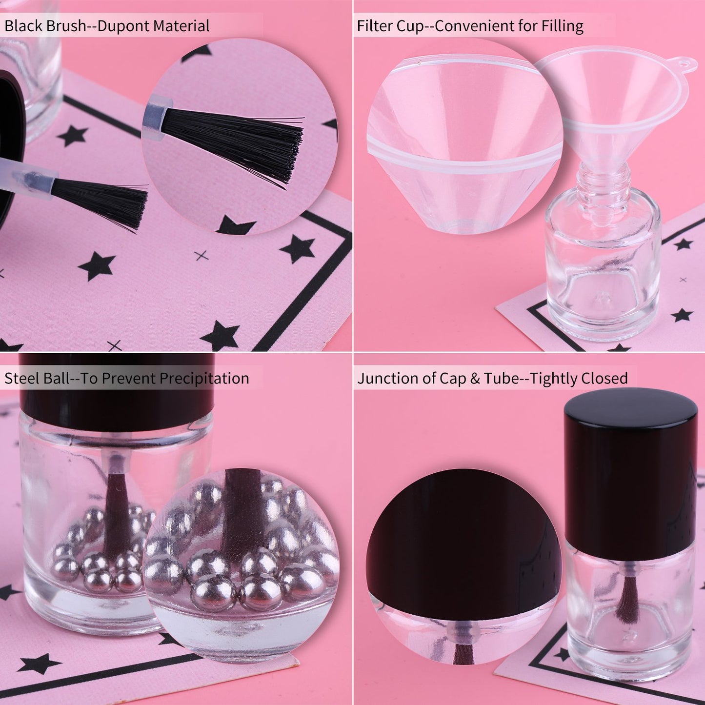 GTHER 6PCS 10ML Empty Nail Polish Glass Bottles with Brush Cap & Funnel & Mixing Balls for Nail Art