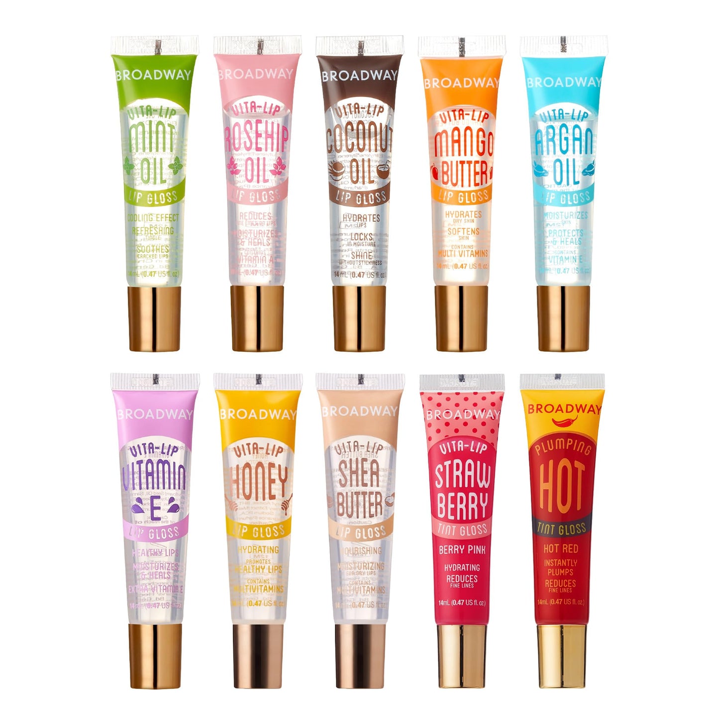 Ruby Kisses Broadway Vita-Lip Tinted & Clear Lip Gloss (10 Pack) Ultra-Hydrating & Soothing Formula, High-Shine Non-Sticky Lip Balm with Mint,