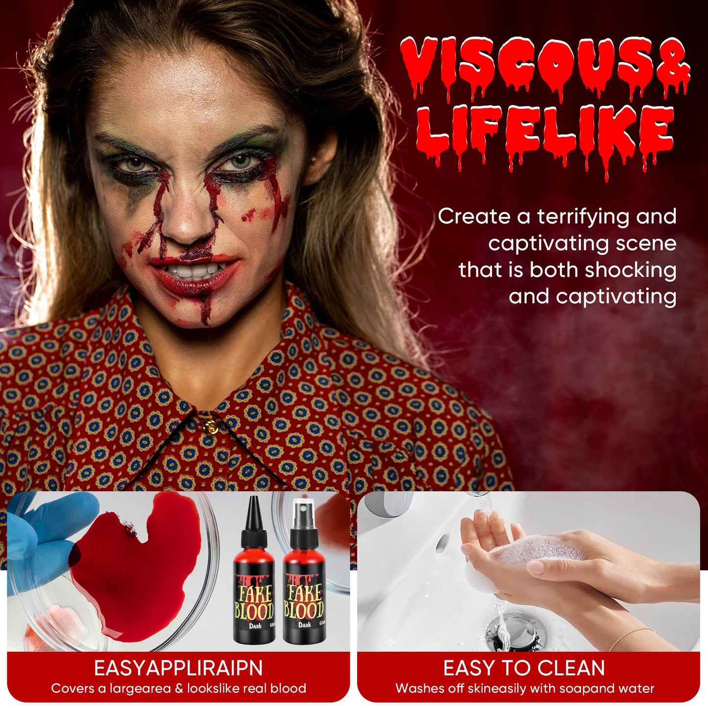 JAYUWE 7 PCS Halloween Fake Blood Spray Makeup Kit - Fake Blood 2.1oz X4 + Coagulated Blood Gel 1.41oz + Soap + Sponge, Washable Blood Paint