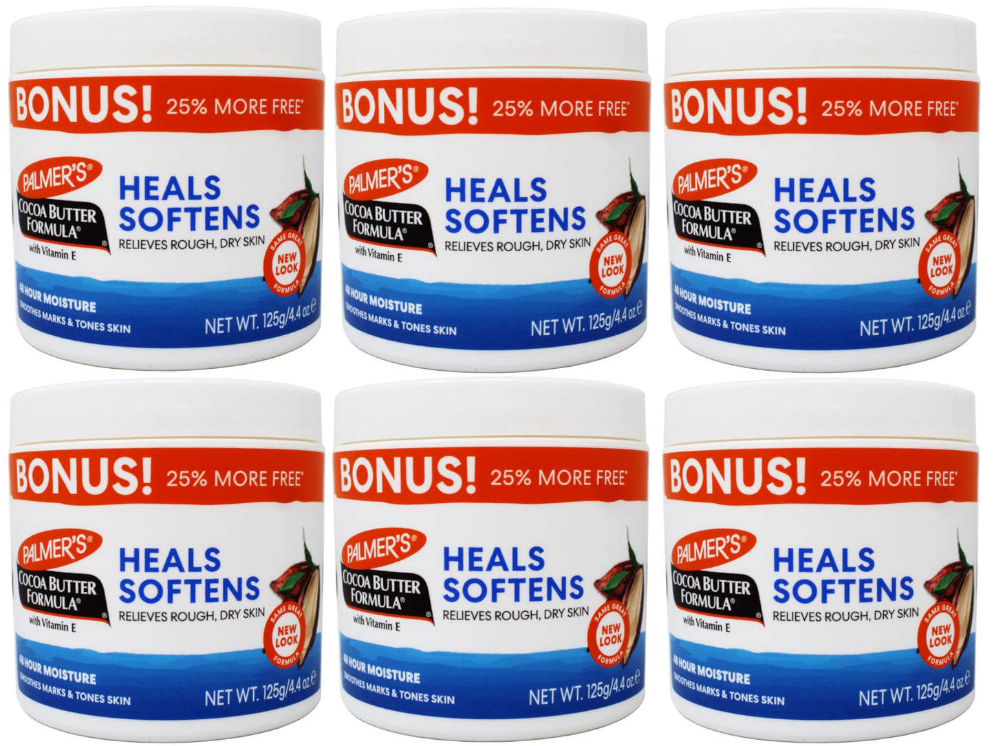 Palmer's Cocoa Butter Formula with Vitamin E, Body Moisturizer, Relieves Rough, Dry Skin, Smoothes Marks & Tones Skin, ("Bonus") 4.4 OZ Jar - 6 Pack