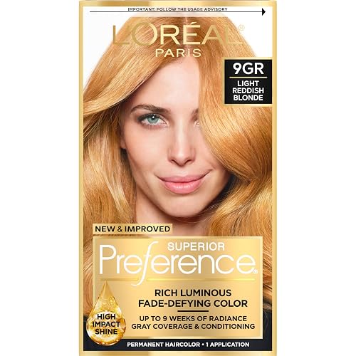 L'Oreal Paris Superior Preference Luminous Fade-Defying Permanent Hair Color, Hair Dye For Up to 9 Weeks of Radiance, Golden Reddish Blonde 9GR, 1