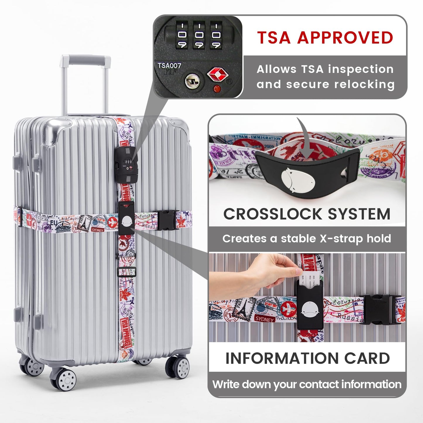 Travelkin TSA Approved Luggage Straps – Adjustable Cross Suitcase Straps with Lock, Reinforced Buckle & Unique Pattern for Secure Travel