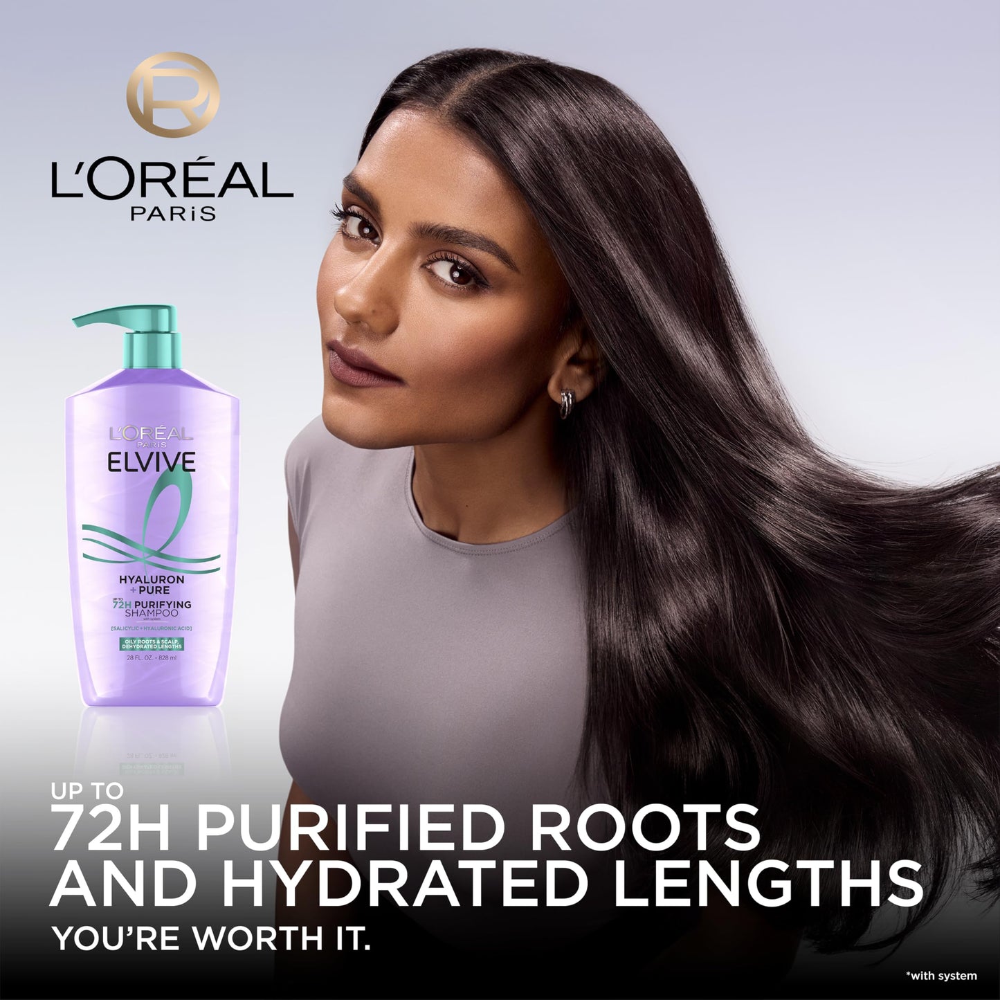 L'Oreal Paris Elvive Hyaluron + Pure Shampoo and Conditioner Set, Clarifying Shampoo and Rehydrating Conditioner with Salicylic Acid and Hyaluronic
