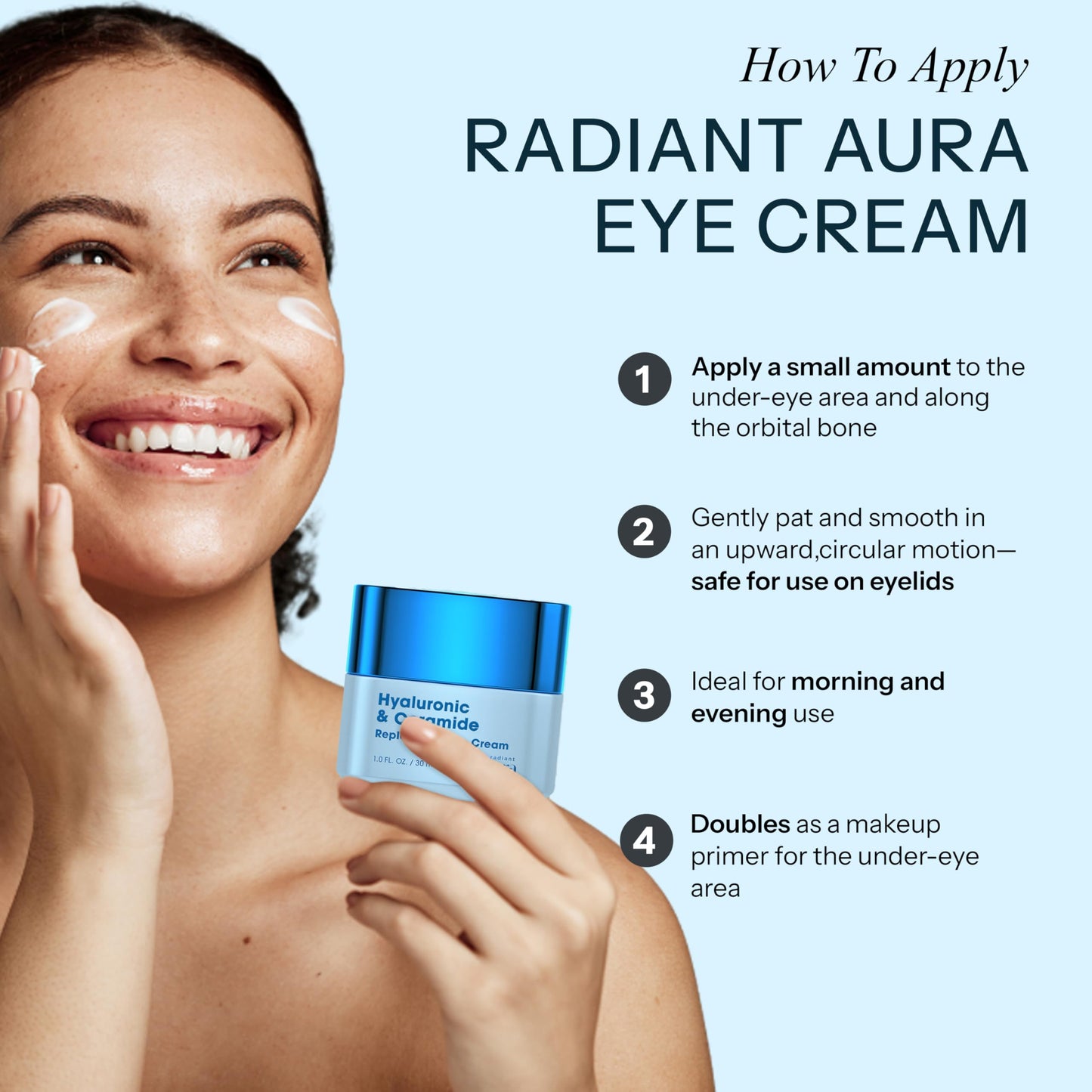 Radiant Aura Hyaluronic Acid & Ceramide Eye Cream For Dark Circles - Dermatologist Tested, Anti Aging Korean Skin Care - Deep Hydration & Depuffing