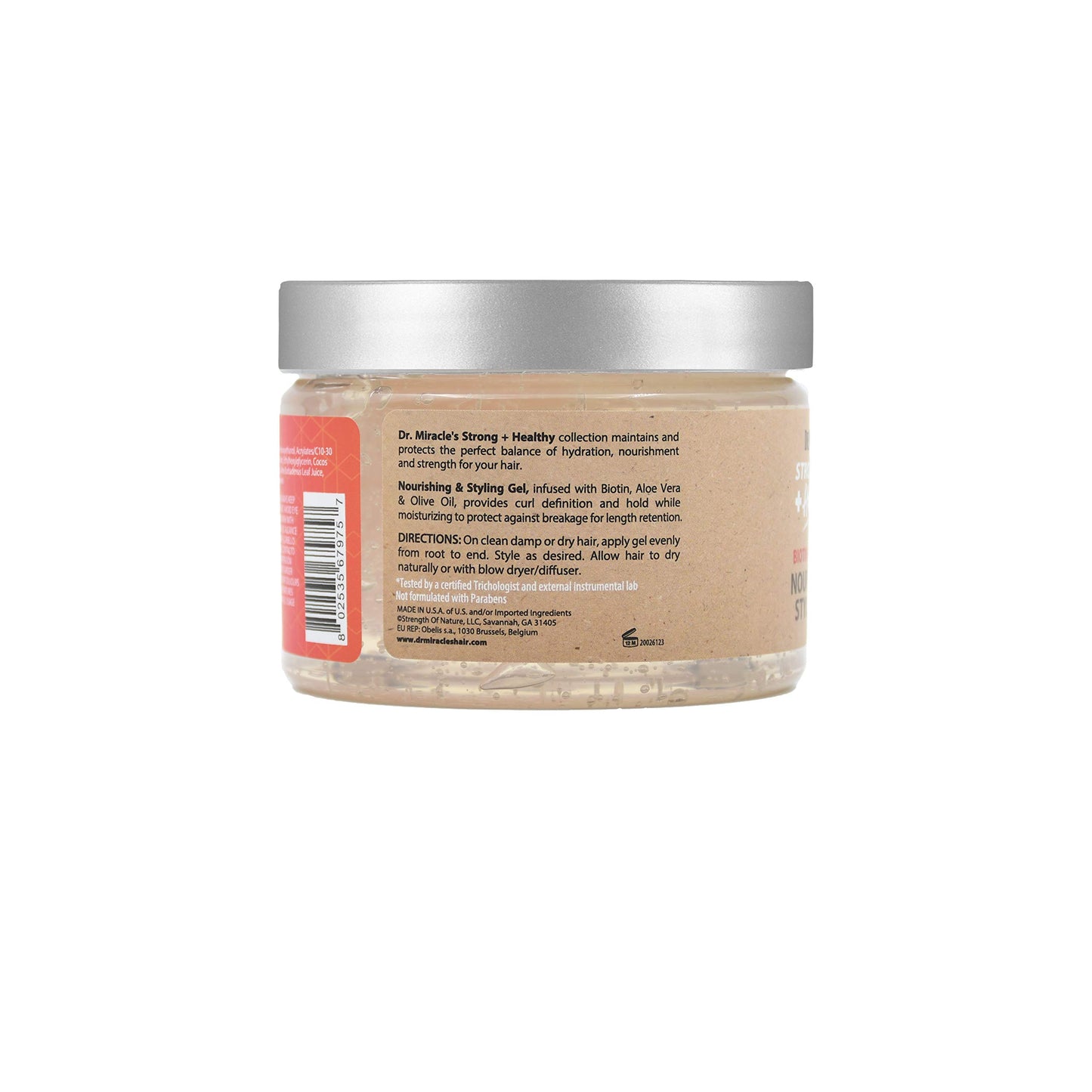 Dr. Miracle's Strong & Healthy Nourishing & Styling Gel. Contains Aloe Vera and Olive Oil to moisturize hair and reduce irritation.