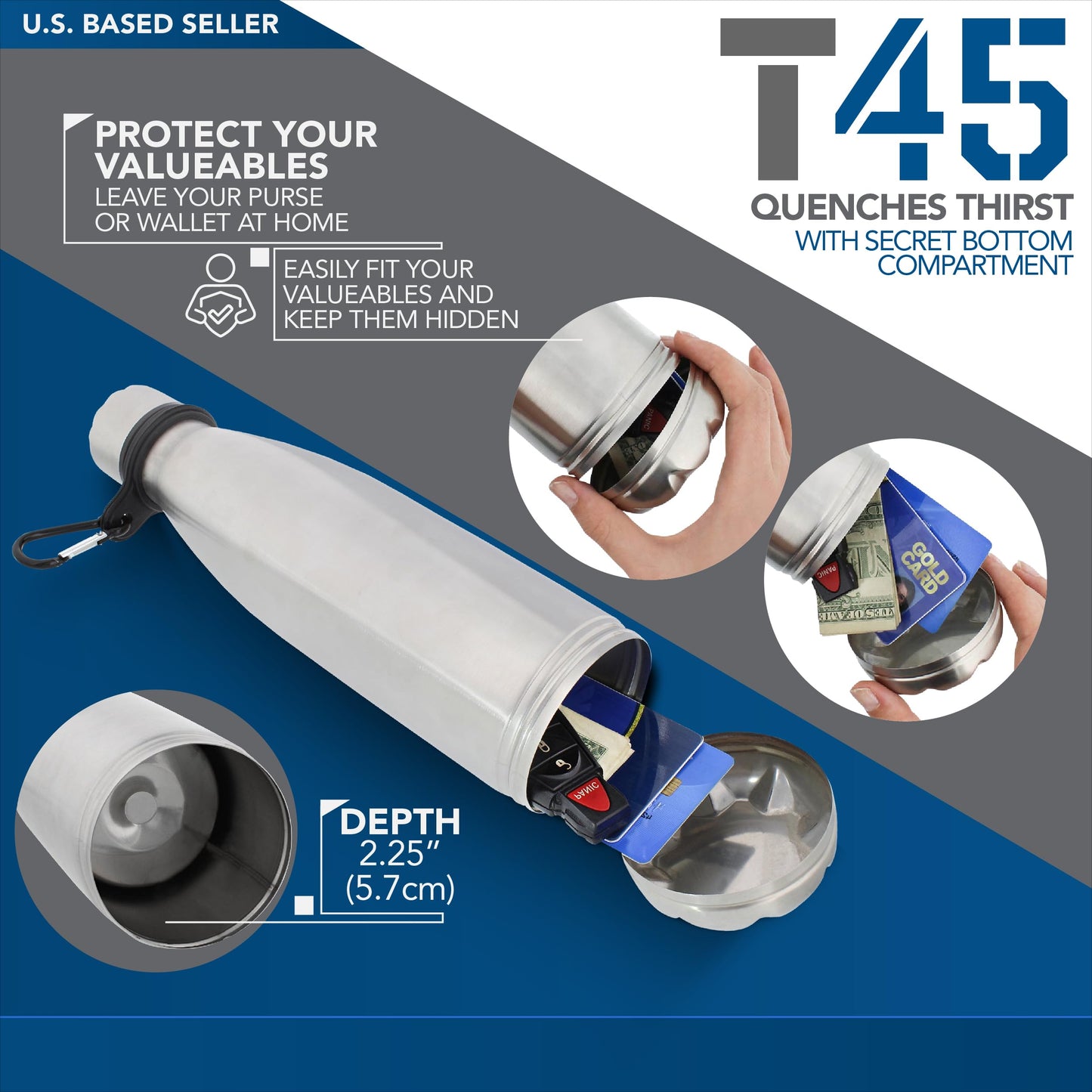 Tactical45 Stainless Steel Water Bottle Silver Sports Reusable Water Bottle with Hidden Compartment Stores Valuables