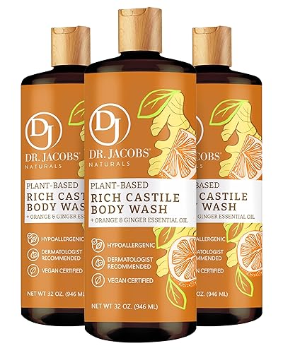 Dr. Jacobs Naturals Pure Castile Soap Liquid Body Wash, Orange & Ginger - Plant Based Soap Infused with Vitamin E & Aloe Vera to Moisturize Dry