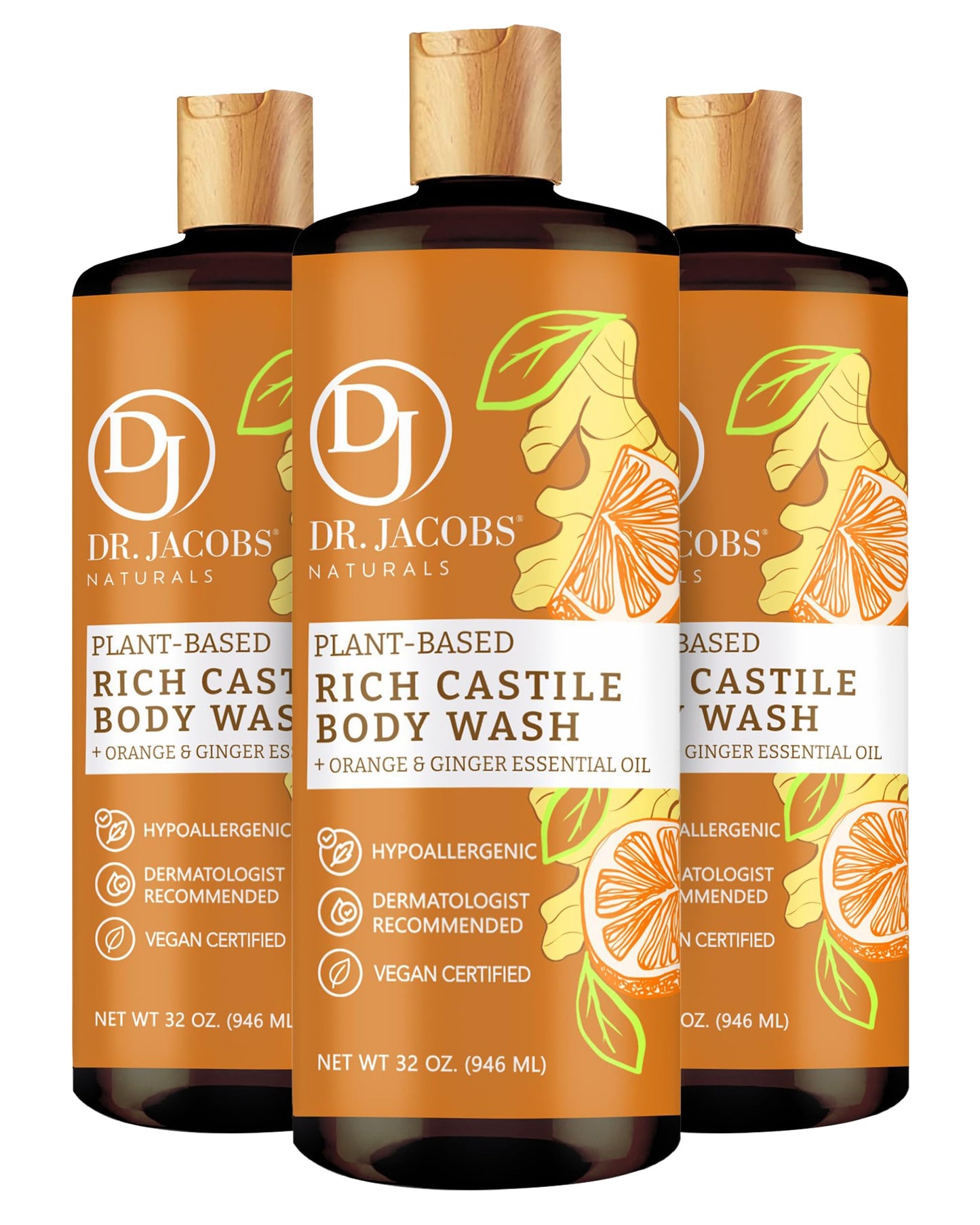 Dr. Jacobs Naturals Pure Castile Soap Liquid Body Wash, Orange & Ginger - Plant Based Soap Infused with Vitamin E & Aloe Vera to Moisturize Dry