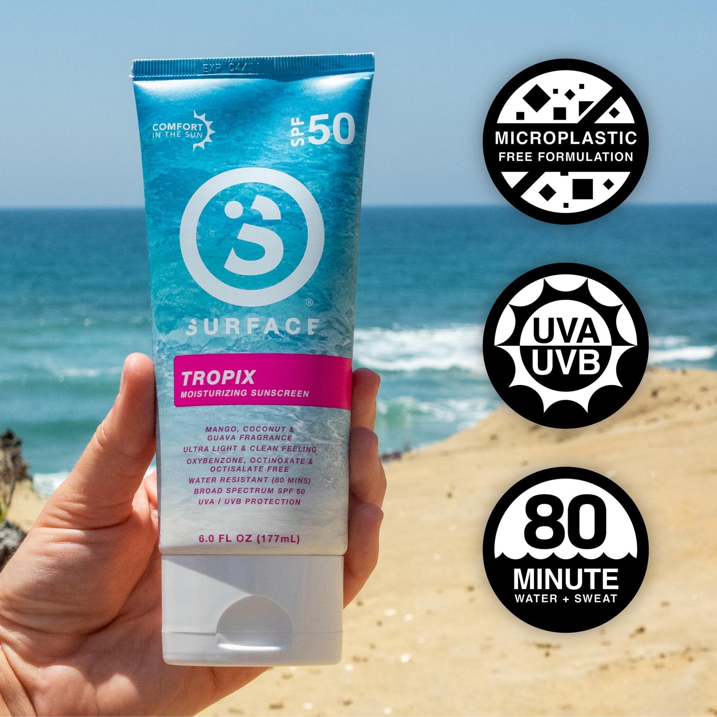 Surface Sunscreen Lotion SPF 50 for Face & Body, Lightweight Natural Formula, Reef Friendly, Broad Spectrum UVA UVB Protection, Water Resistant Sun