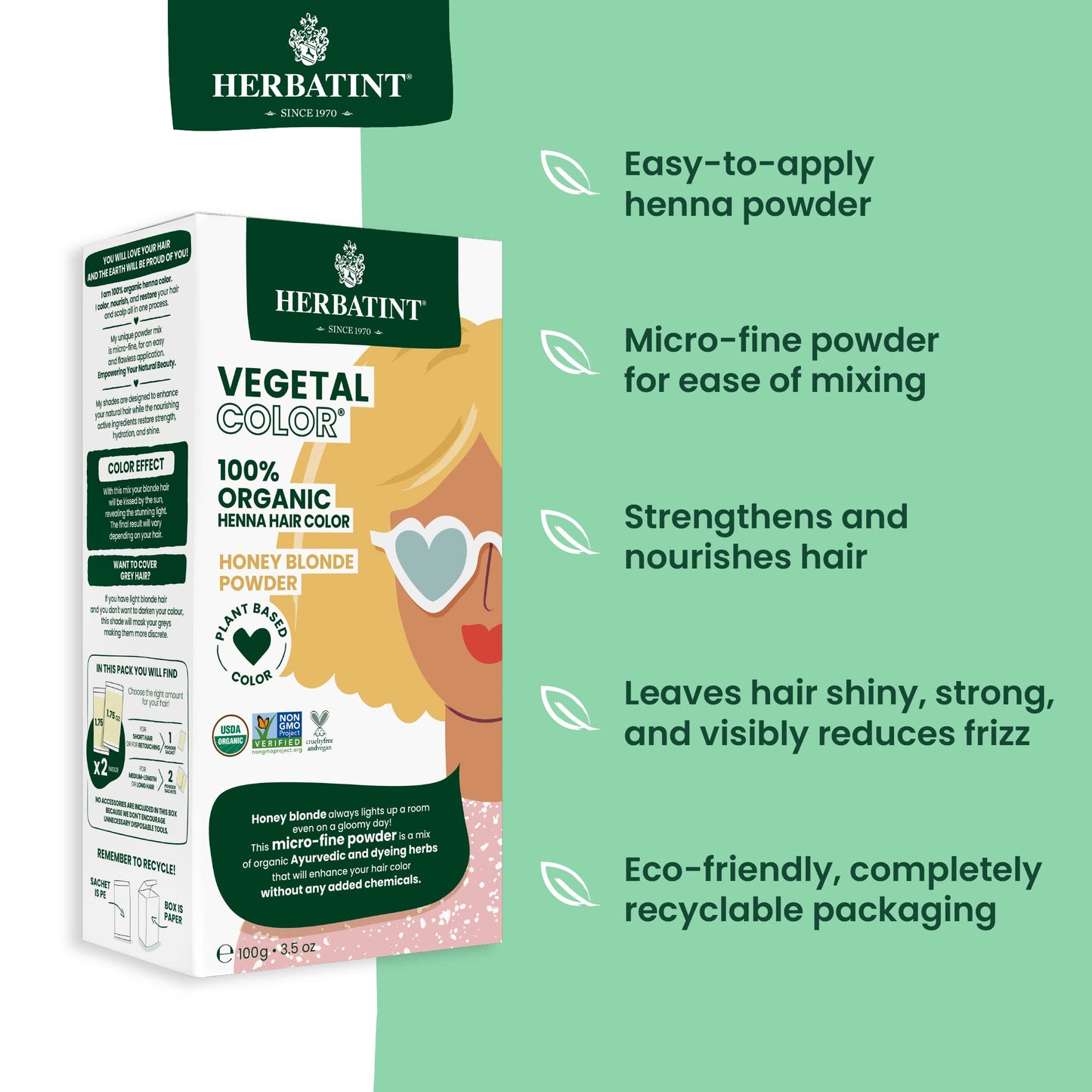 Herbatint Henna Color Organic Hair Dye & Care Plant-Based Henna Powder & Herbal Formula - Vegan - Honey Blonde - 3.5 oz