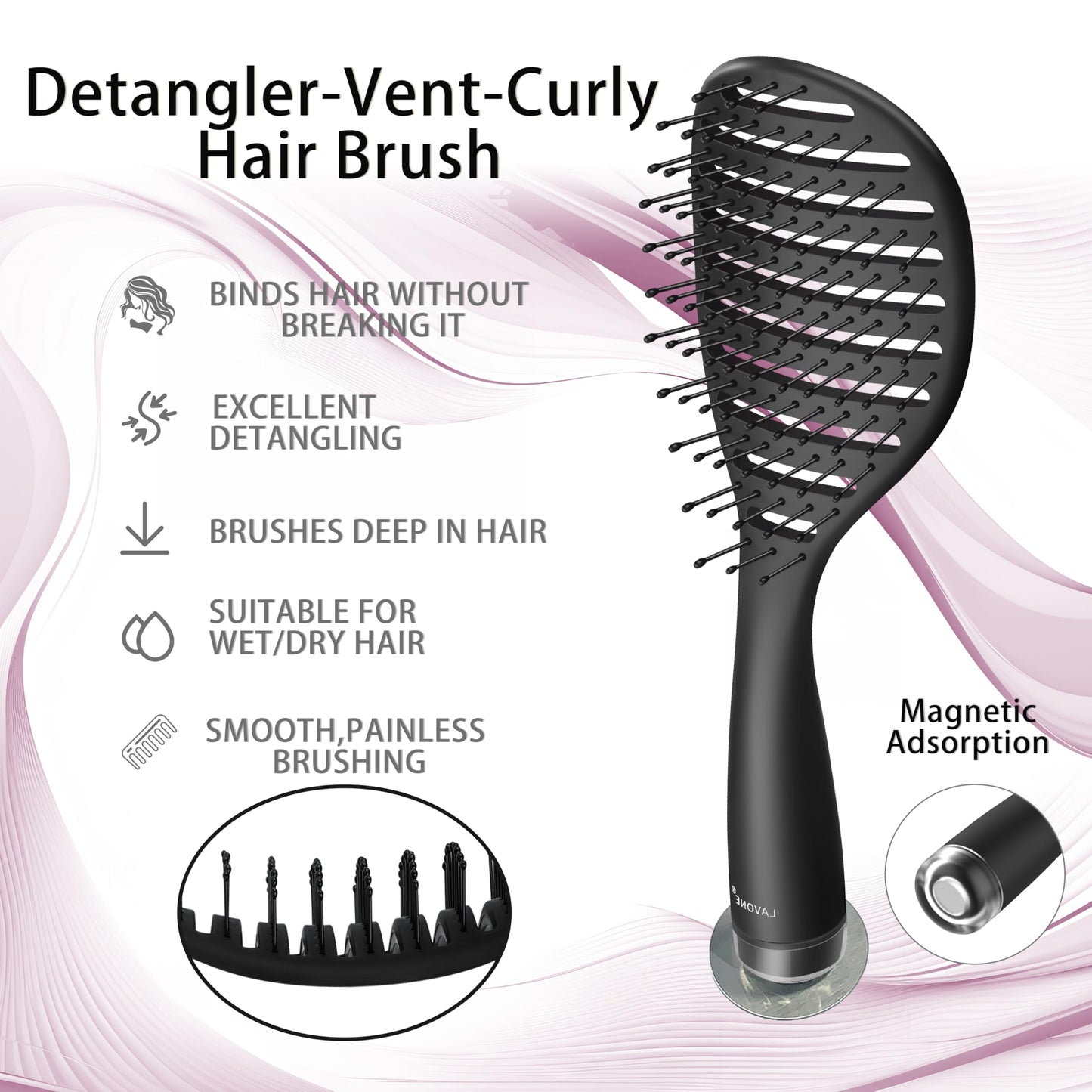 Curved Vented Hairbrush Faster Blow Drying - Detangling Brush with Built in Cleaner, Magnetic Holder and Hair Clips for Women, Men & Kids - Black