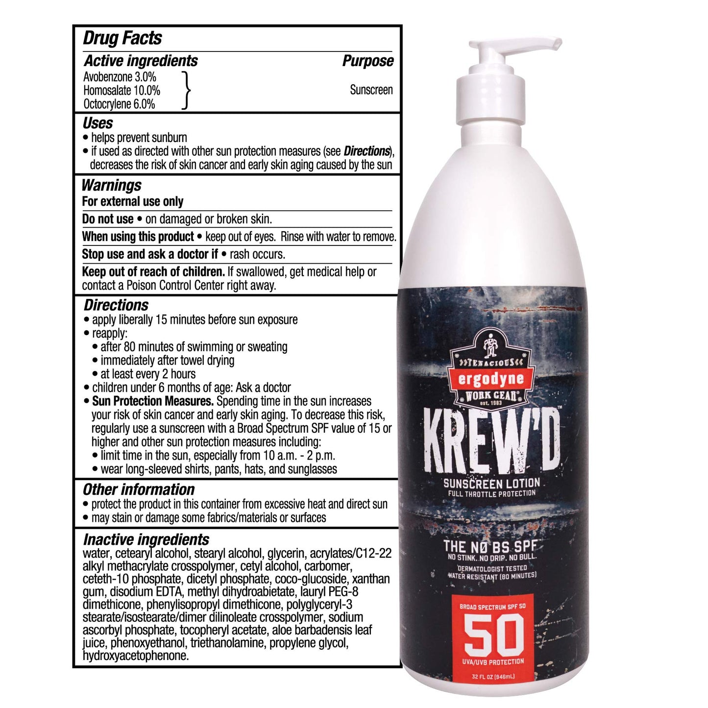 Ergodyne KREW’D 6355 Sunscreen Lotion, Broad Spectrum SPF 50, Water Resistant, 32 oz, White
