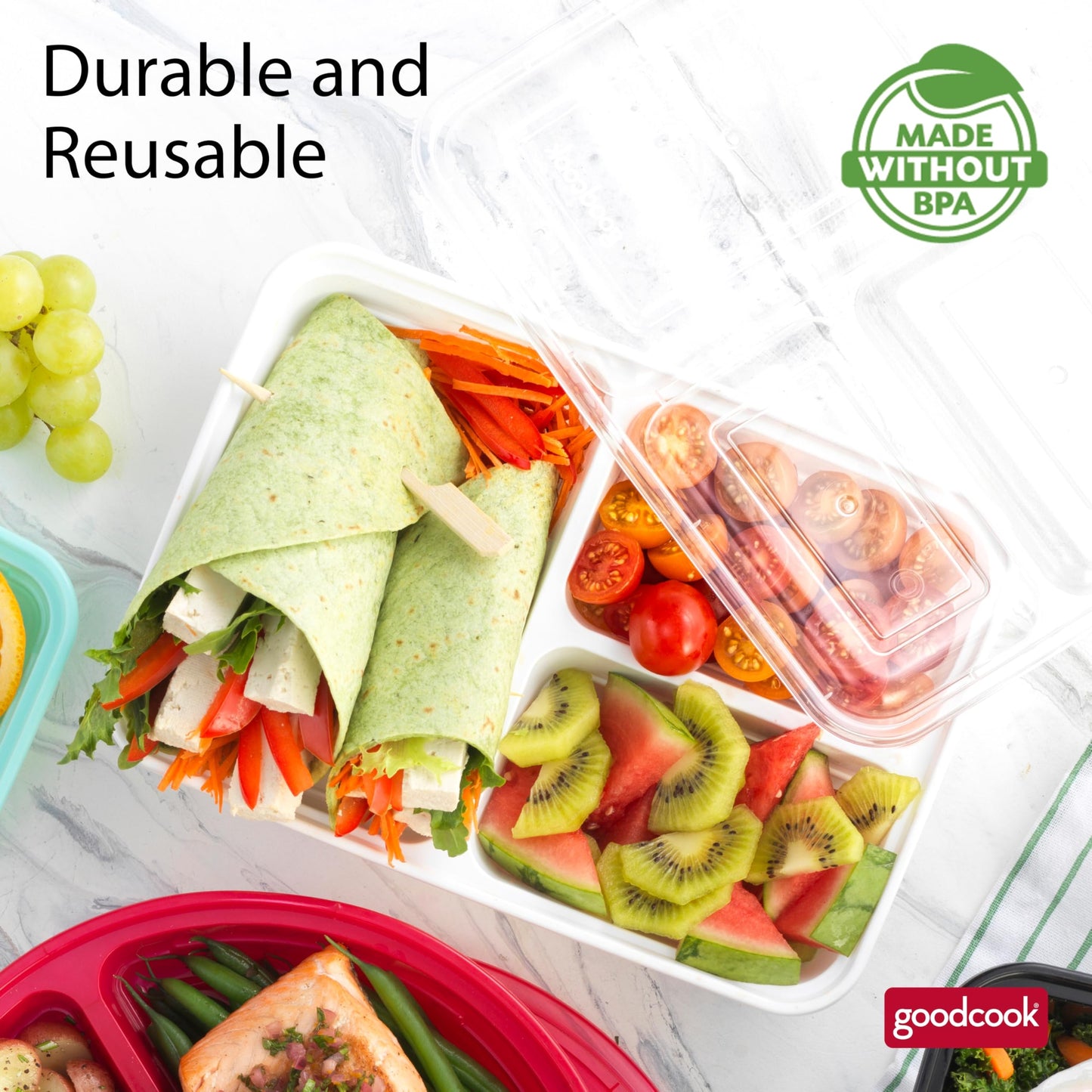 GoodCook Meal Prep Rectangle Three Compartment 20-Piece, White, Made without BPA