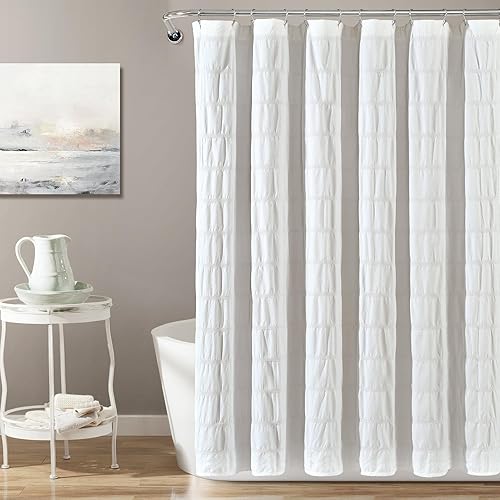 Lush Decor White Waffle Stripe Woven Cotton Shower Curtain, Bathroom Accessories (72" x 72")
