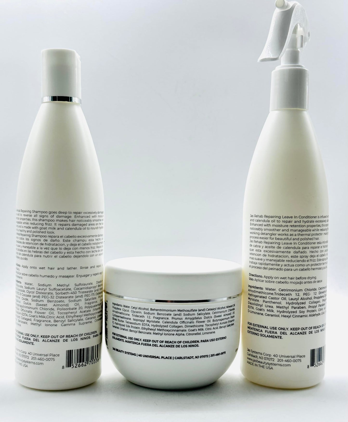 JAS Rehab Repairing Goat Milk + Calendula Shampoo 16 Fl Oz, Rehab Mask16 Fl Oz, Leave in Conditioner 16 Fl Oz -Free Starry Lip Plumping 10 Ml