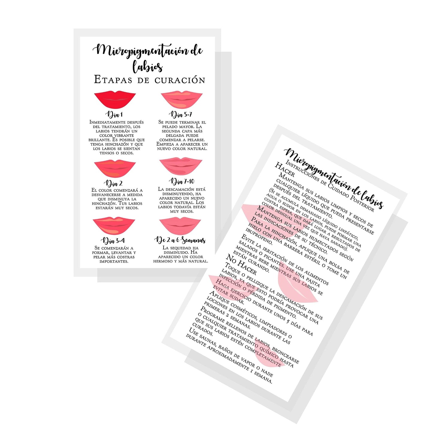 Boutique Marketing LLC Spanish Lip Blush Aftercare Card | Micropigmentación de Labios | 50 Pack | 2 x 3.5in inches Business Card | White with Red Lips