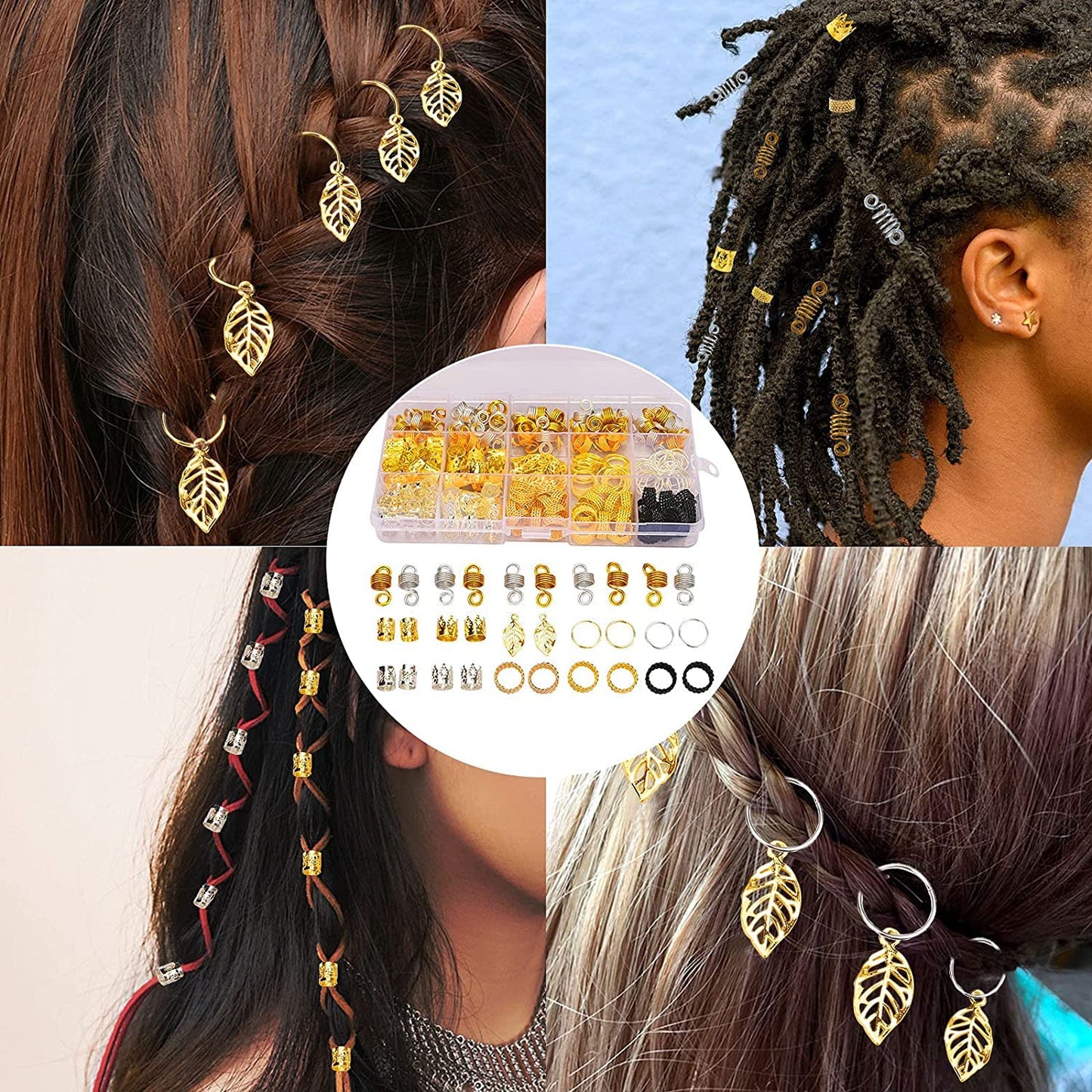 Nafaboig 200PCS Hair Jewelry for Braids Accessories, Hair Beads for Braids, Gold Hair Accessories, Metal Gold Braids Rings Cuffs Clips for Dreadlock