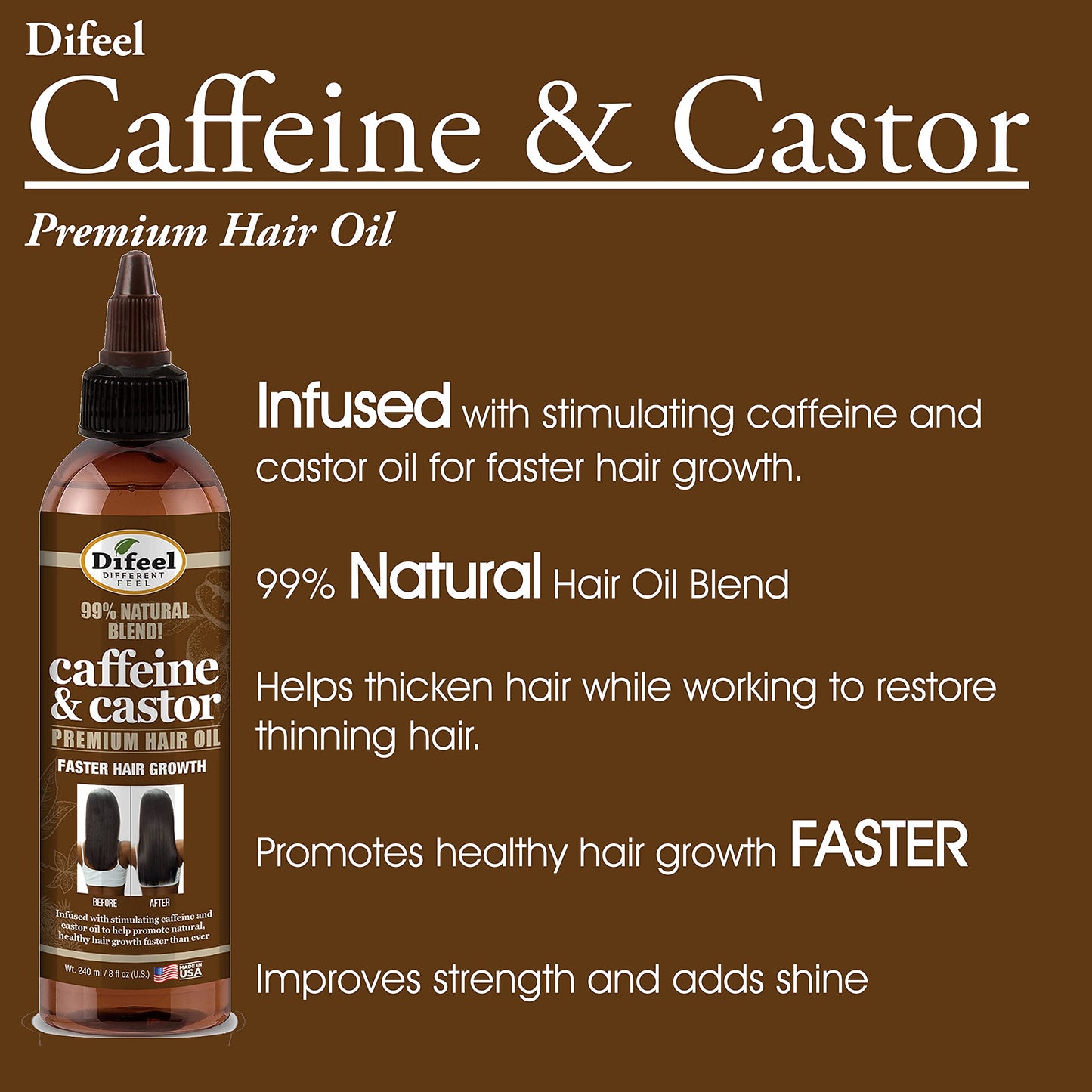 Difeel 99% Natural Premium Hair Oil - Caffeine & Castor Hair Oil 8 oz. (PACK OF 2)