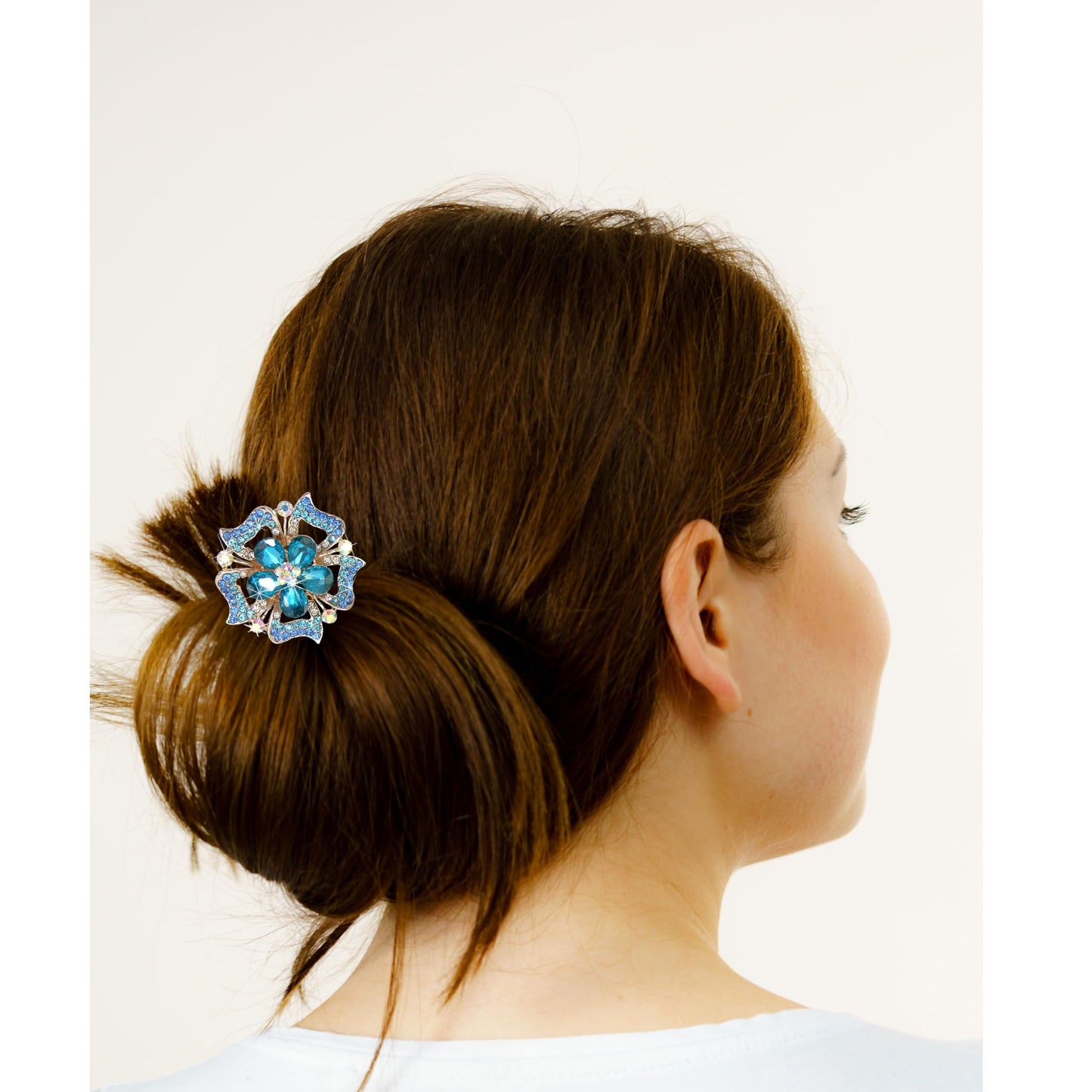 Jeweled Flower Elastic Hair Tie Scrunchie - Set of 2 - White Gold Color Metal with Decorative Blue and Pink Rhinestone Crystals - 1.75"W