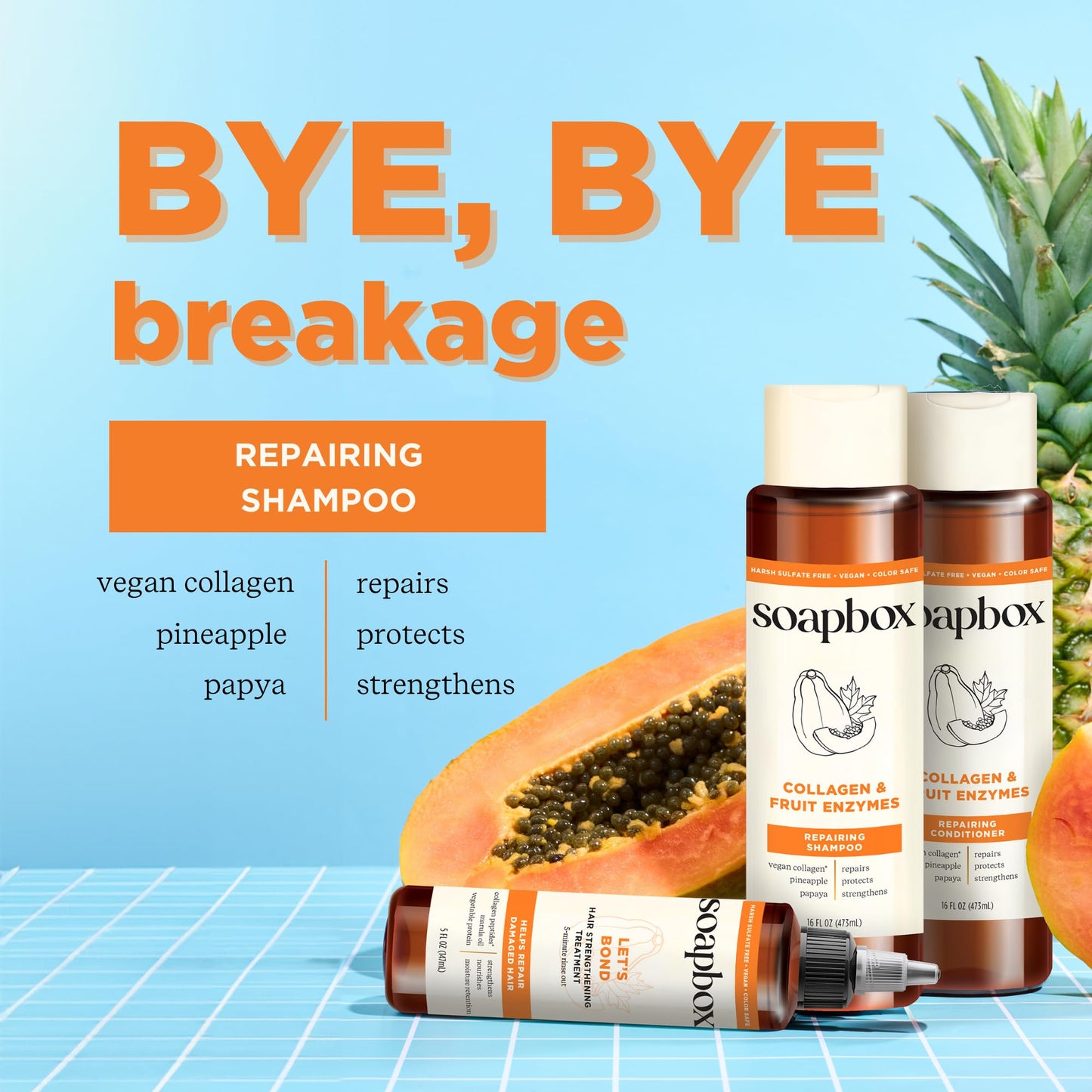 Soapbox Collagen & Fruit Enzymes Shampoo & Conditioner Set, Protects, Repairs & Strengthens Hair - Clean Ingredients Free of Harsh Chemicals