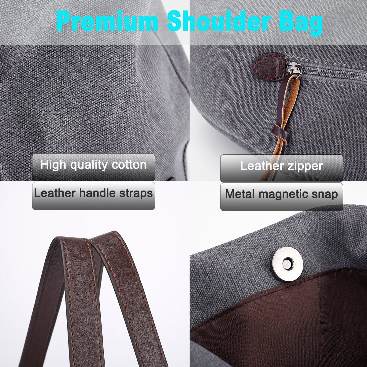 DOURR Women's Multi-pocket Shoulder Bag Fashion Cotton Canvas Handbag Tote Purse (Gray - Medium Size)