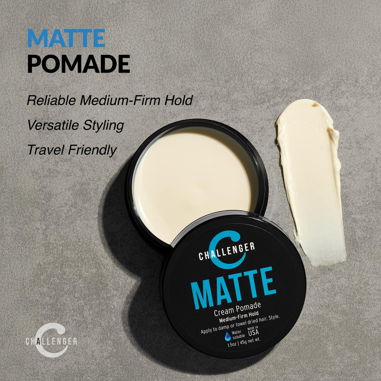 Challenger Matte Cream Pomade | Natural, Shine Free Styling Product | Medium Firm All-Day Hold | Travel Friendly Water Based Hair Gel | For All Hair
