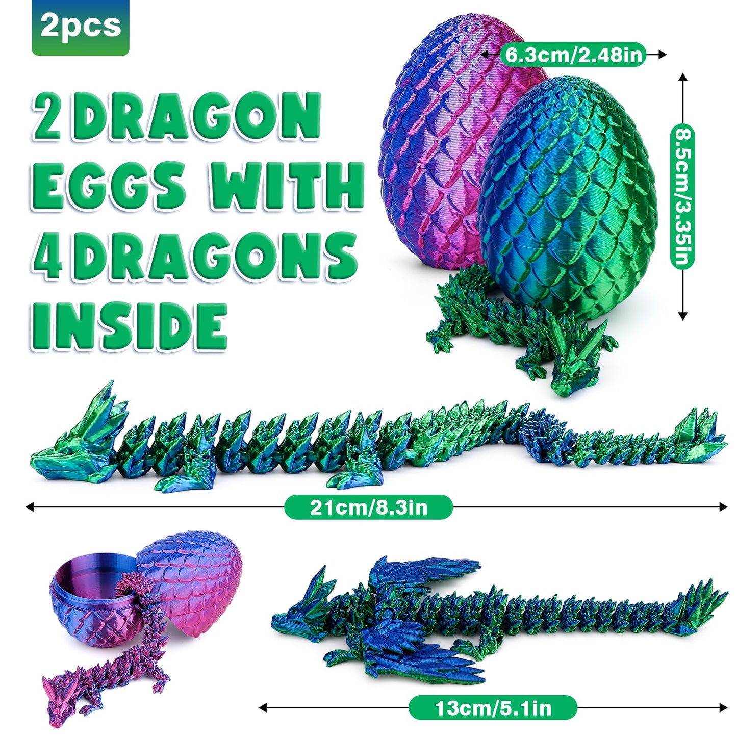 3D Printed Dragon Eggs with 4 Dragons Inside - Swappable Wing, Flexible Articulated Magnetic Dragons Animals Fidget Toy for Kids (Purple+Blue)