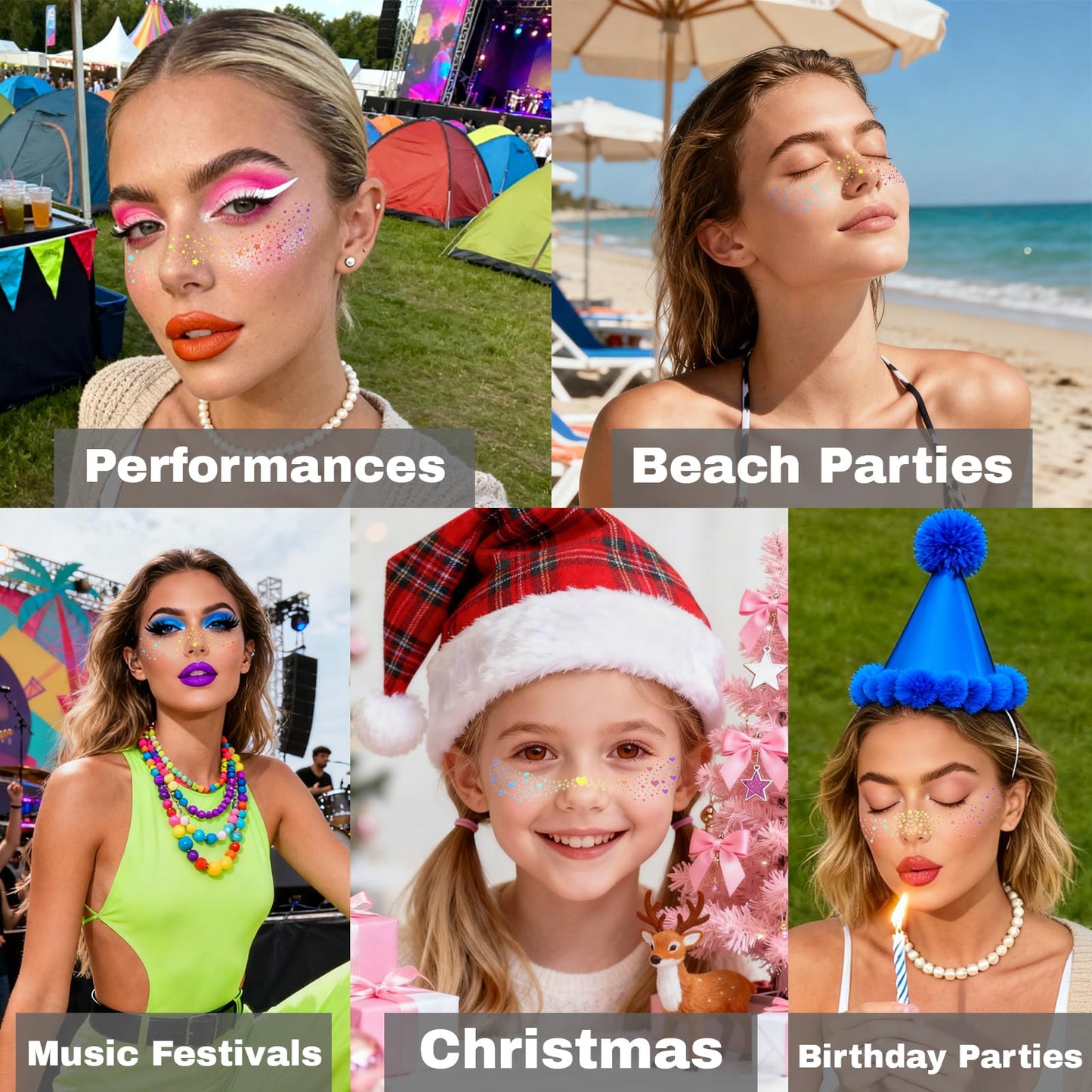 Glitter Freckles, Holographic Face and Body Glitter Tattoo Sparkle for Women Gold Glow Cosmetic Star Makeup Accessories for Festival Rave (12pcs