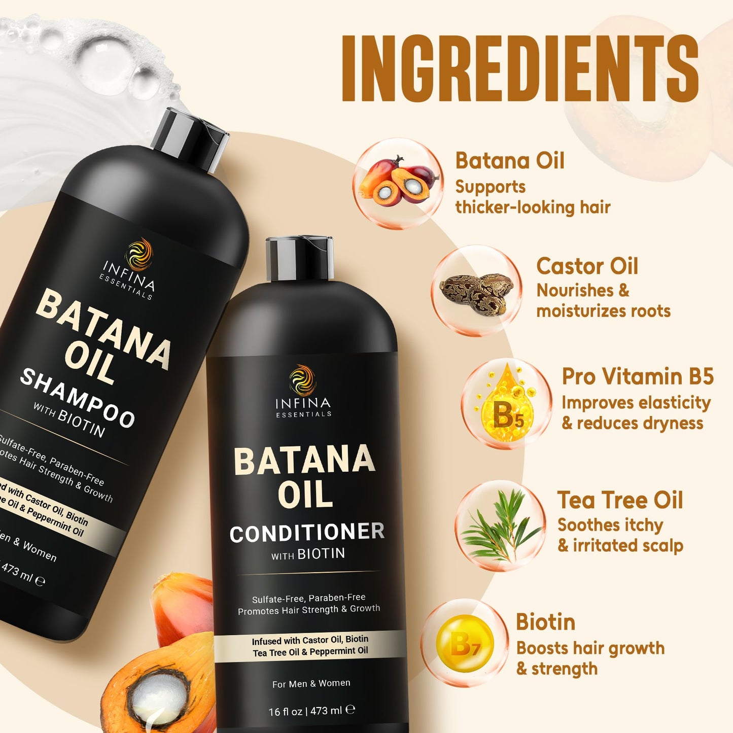 INFINA ESSENTIALS Batana Oil Shampoo and Conditioner Set | 16 fl oz Each | with Biotin & Tea Tree | Moisturizing, Strengthening & Nourishing Formula |