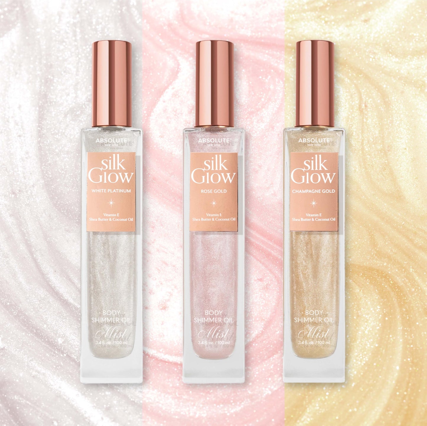 Absolute New York - Silk Glow Shimmer Mist Glow, Radiant, Shimmer Body & Face & Hair, Shea Butter, Coconut Oil, Vitamin E (SBGS02 Rose Gold Mist, 3.4