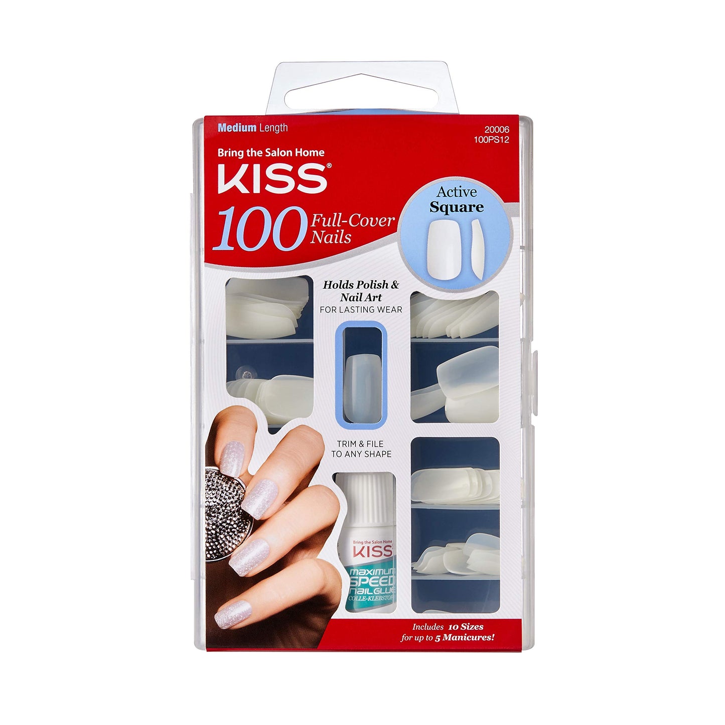 Kiss 100 Full Cover Nails Active Square (Pack of 6) Beauty & Personal Care KISS