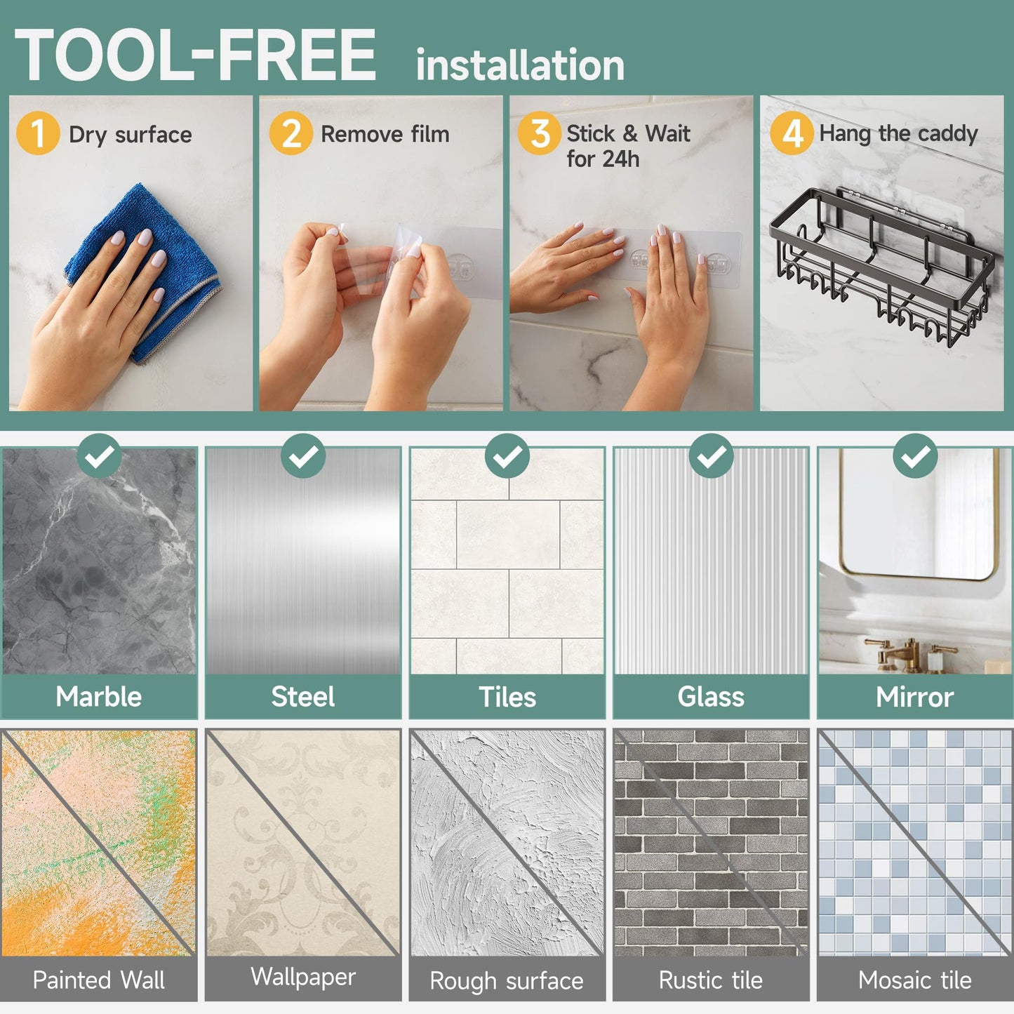 Veken 6-Pack Shower Caddy Set – Rustproof Adhesive Wall Shelves with Soap Holder, No Drilling, Large Capacity Bathroom Organizer