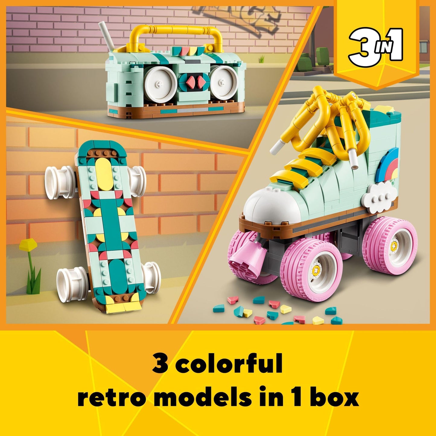 LEGO Creator 3 in 1 Retro Roller Skate 31148, Transforms to Mini Skateboard or Boom Box, Fun Building Toy Gift for Kids Ages 8+