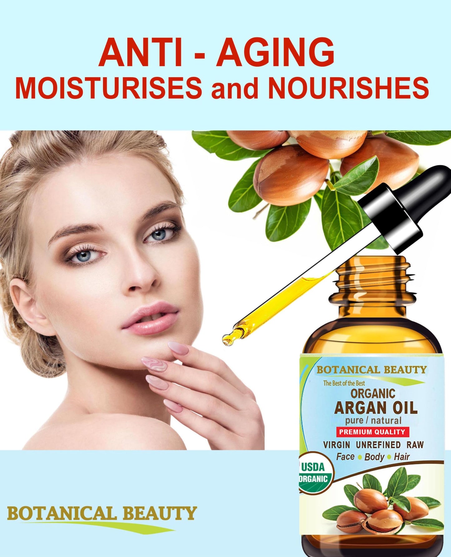 Botanical Beauty Organic ARGAN OIL 100% Pure Natural VIRGIN UNREFINED Cold-Pressed Carrier Oil for Face, Skin, Body, Hair, Lip, Nails. Rich in Vitamin