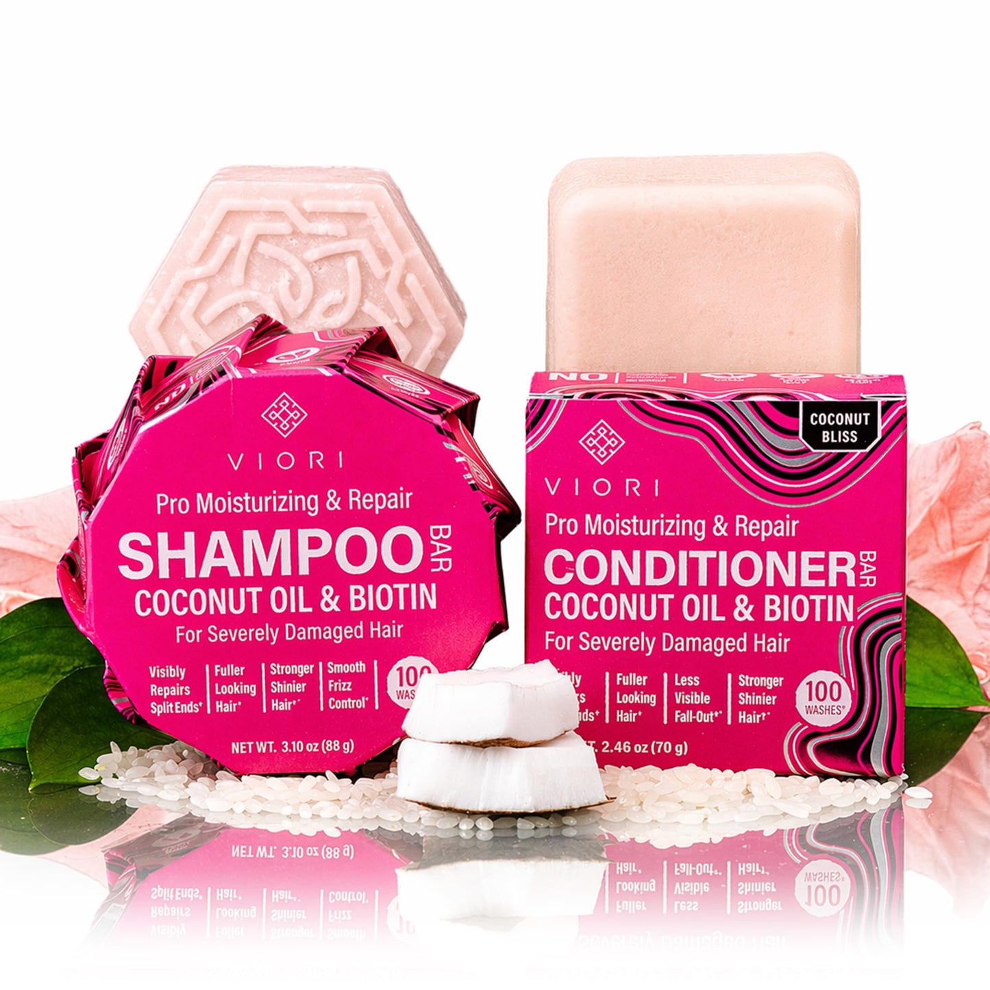 Viori Coconut Advanced Repair Shampoo & Conditioner Bar Set - Longsheng Rice Water & Jojoba Esters - Sulfate-Free, Eco-Friendly, Travel Bars for Dry