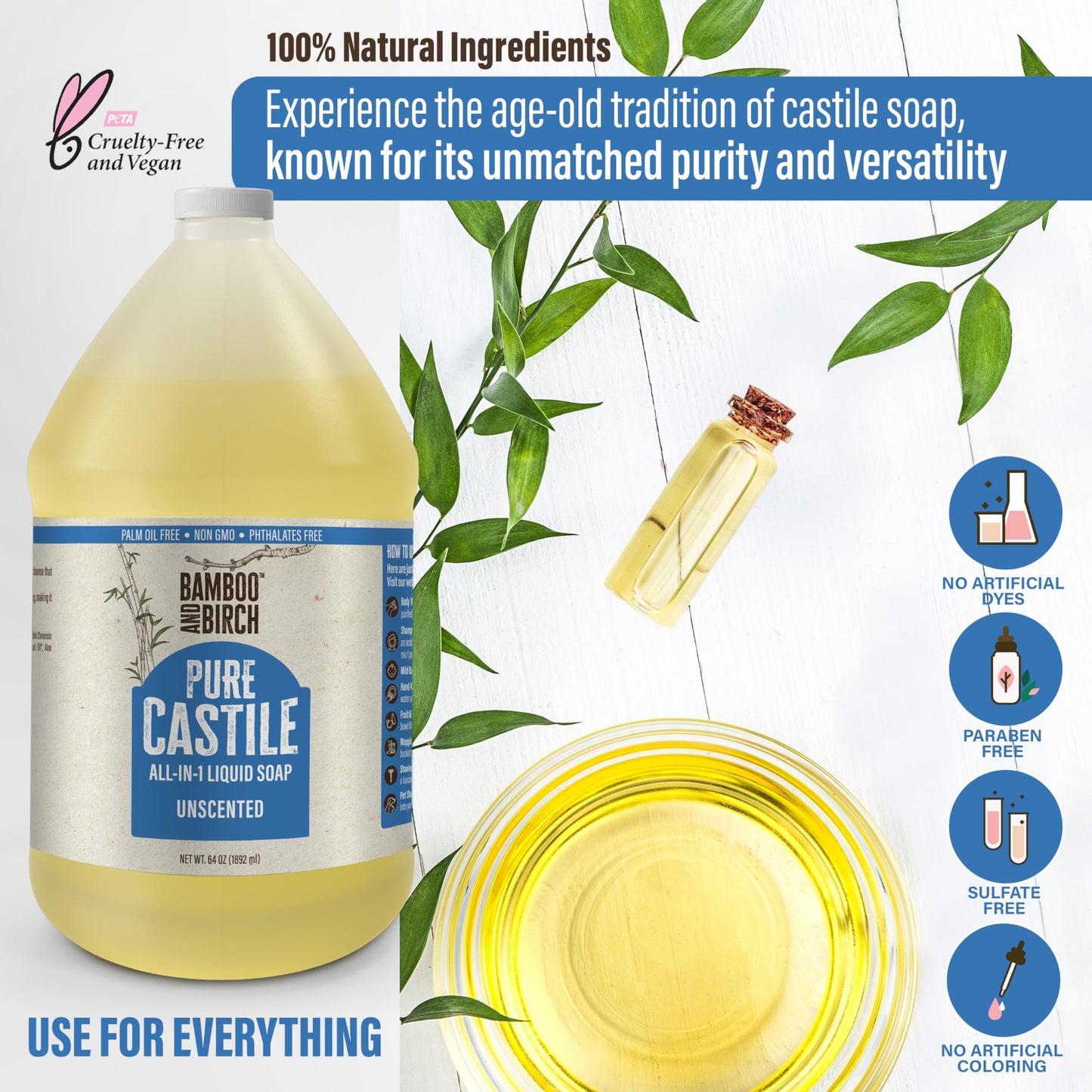 BAMBOO AND BIRCH Pure Castile Soap Liquid, Unscented, 64 oz Beauty and Personal Care BAMBOO AND BIRCH