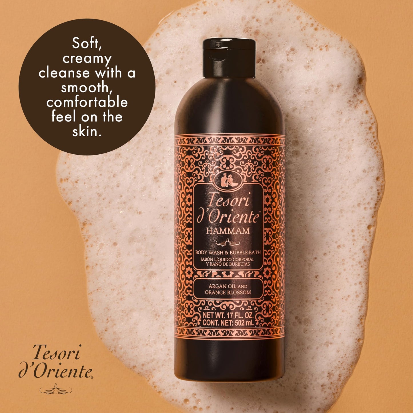 Tesori d’Oriente Hammam Body Wash & Bubble Bath, 17.5 fl oz, Gentle, Hydrating Shower Gel with Argan Oil & Vitamin E, Warm Orange Blossom Scented, No