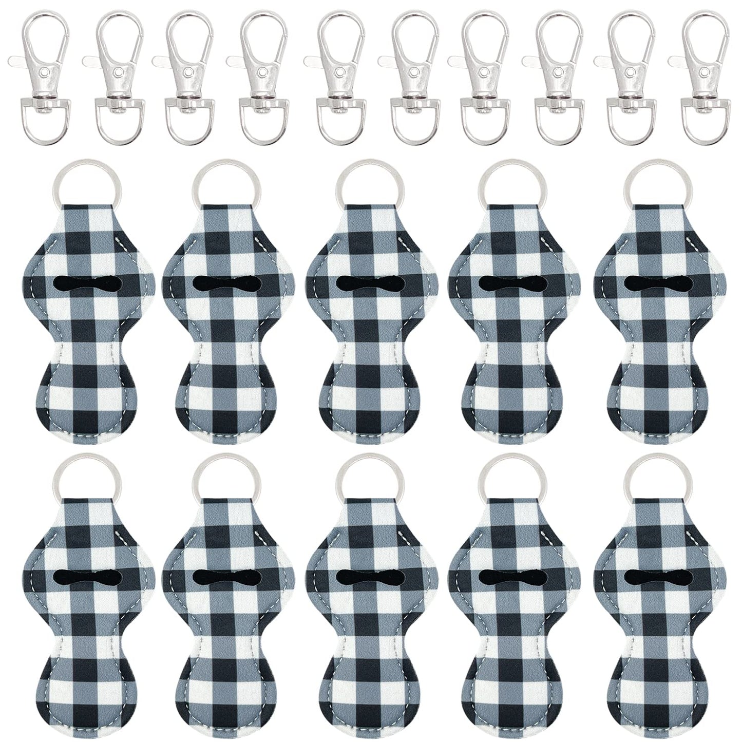 allydrew 10 Pack Chapstick Holder Keychain, Keyring for Lip Balm Lip Gloss Lipstick with 10 Pieces Metal Keyring Clasps, Blue & White Plaid