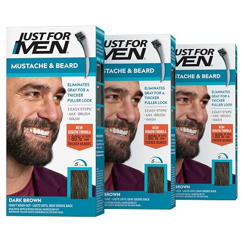 Just For Men Mustache & Beard, Beard Dye for Men with Brush Included, With Keratin Biotin Aloe and Coconut Oil for Healthy Facial Hair - Dark Brown