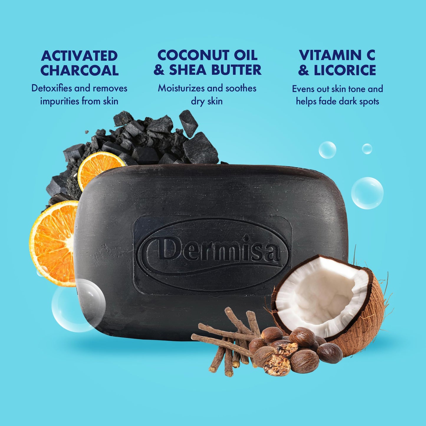 Dermisa Detoxifying Charcoal Bar Soap with Activated Charcoal, Coconut Oil and Shea Butter - Deep Pore Cleansing and Acne Treatment Soap for All Skin