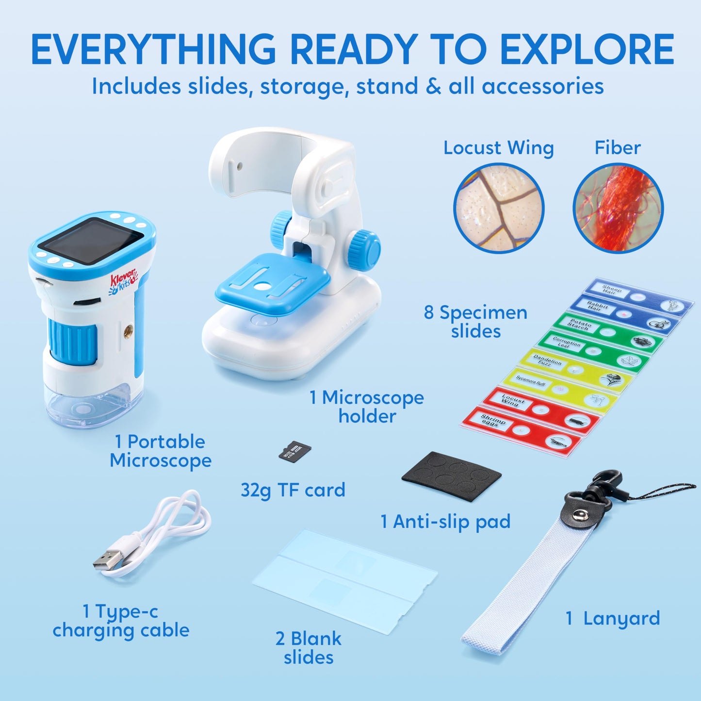 Klever Kits 2-in-1 Kids Microscope – 1000X HD Digital Handheld with 2" LED Screen, Slides & 32G Card, Educational Gift for Ages 5–12