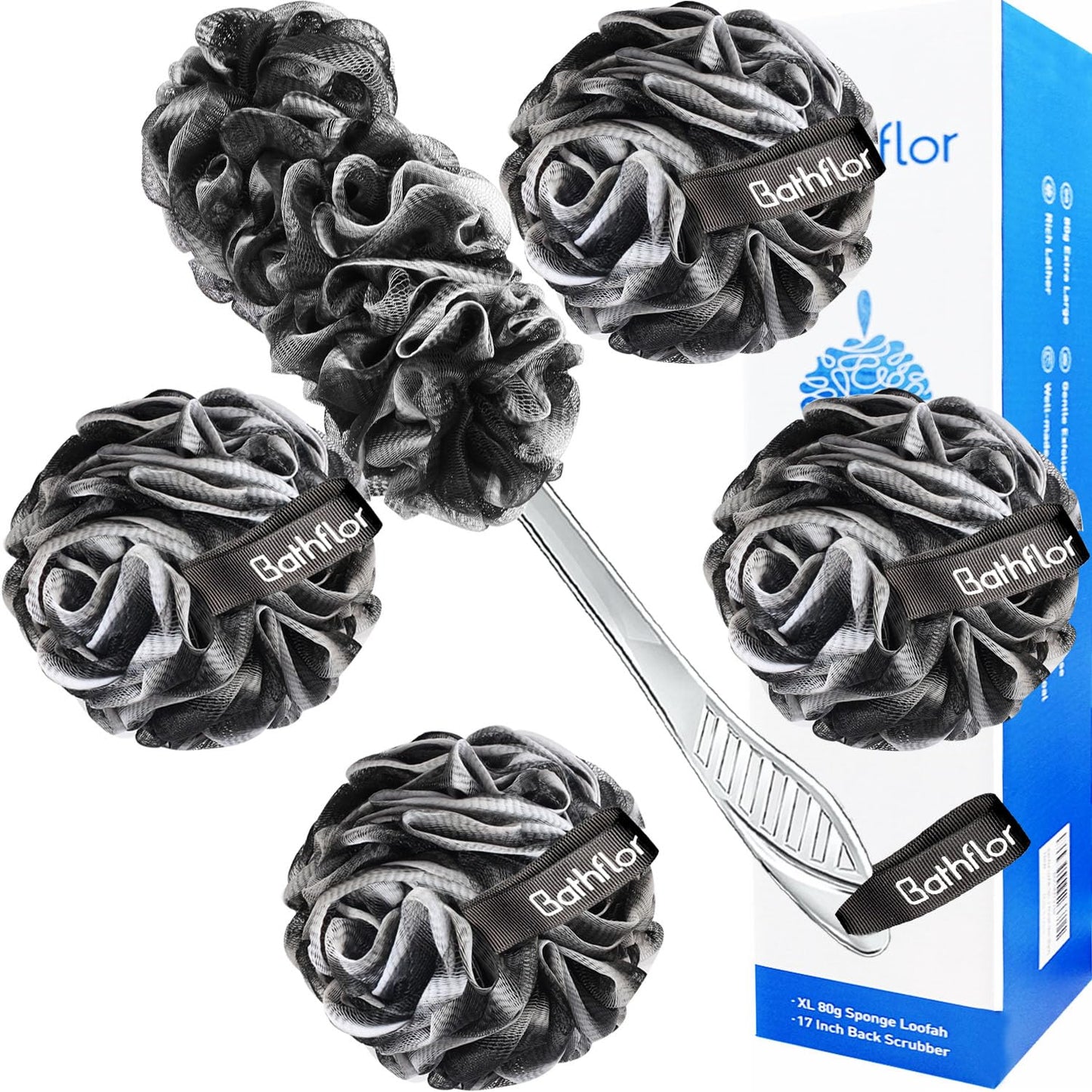 Bathflor Loofah Sponge Exfoliating Body Scrubber: 4PCS Extra Large 80g Shower Loofahs Poufs, 1PCS Long Handle Loofa Back Scrubber, 1PCS Luffa Hook