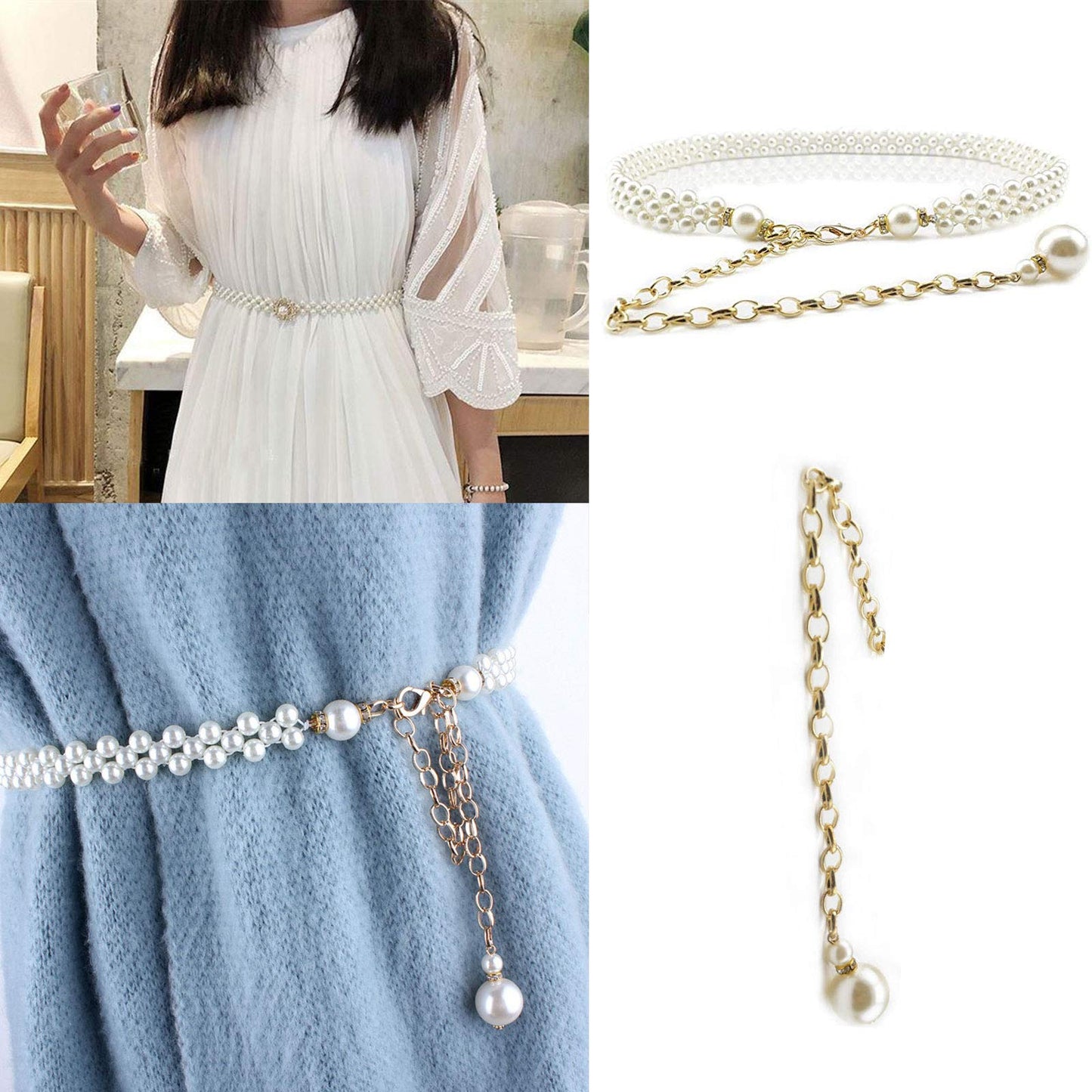 Ya Jin Women's Fashion Pearl Decorative Metal Waist Chain, White, Size 100cm